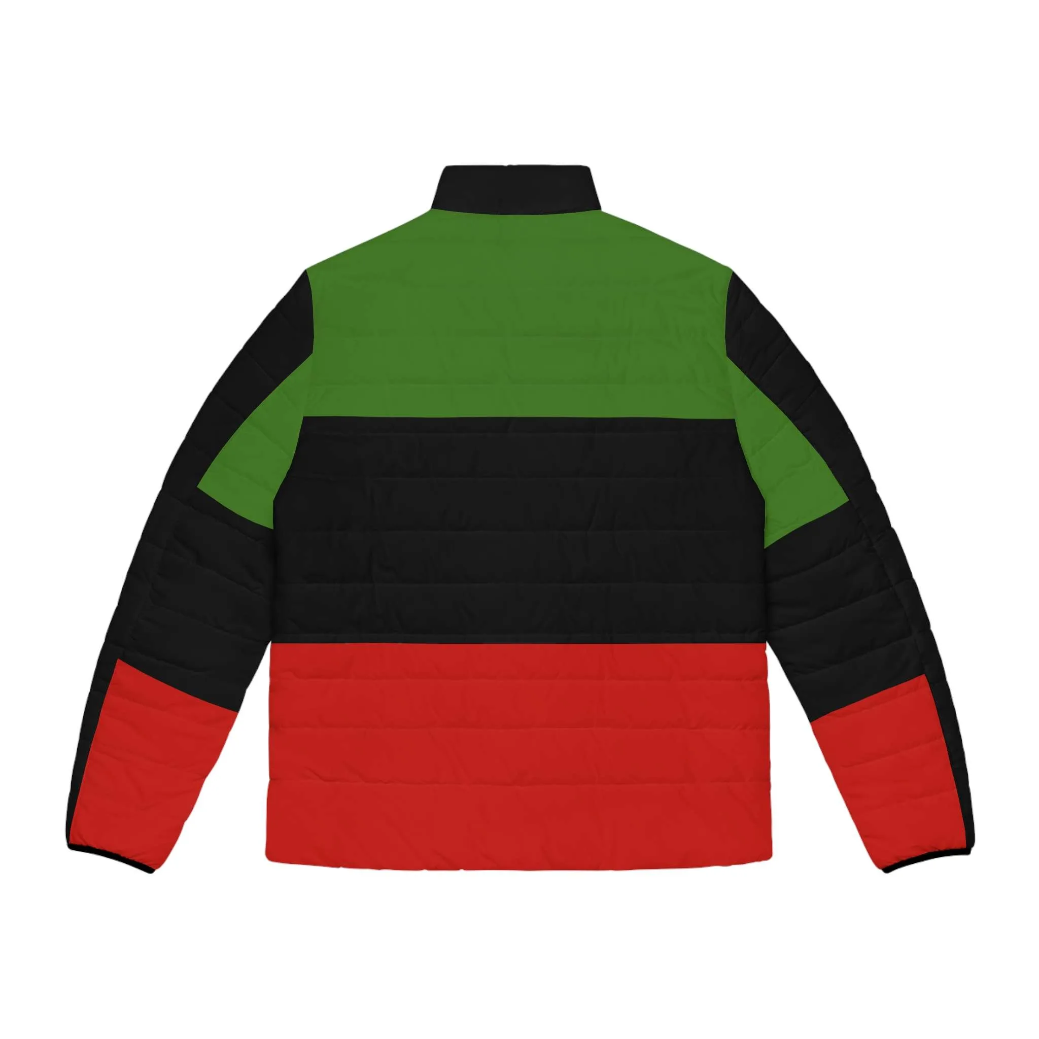 African American Jacket back view in the pan African flag colors. Puffer Jacket to keep you warm this Winter. Rastaseed Jamaican merchandise and Rasta Clothing.