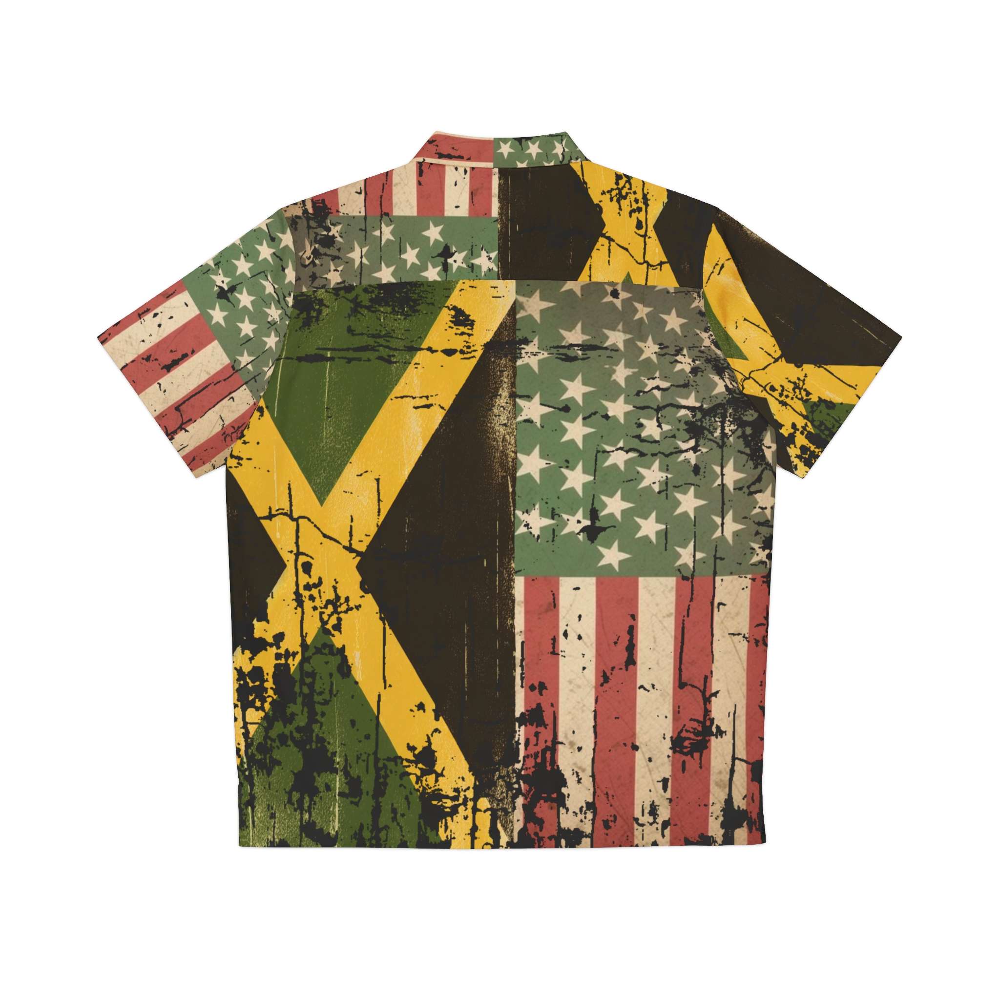 Jamaican American Flag Design Button Up Shirt back view in the Hawaiian design. Great for Summer parties, vacations and tropical themed events.