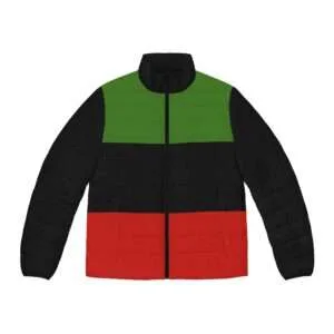 African American Jacket in the pan African flag colors. Puffer Jacket to keep you warm this Winter. Rastaseed Jamaican merchandise and Rasta Clothing.
