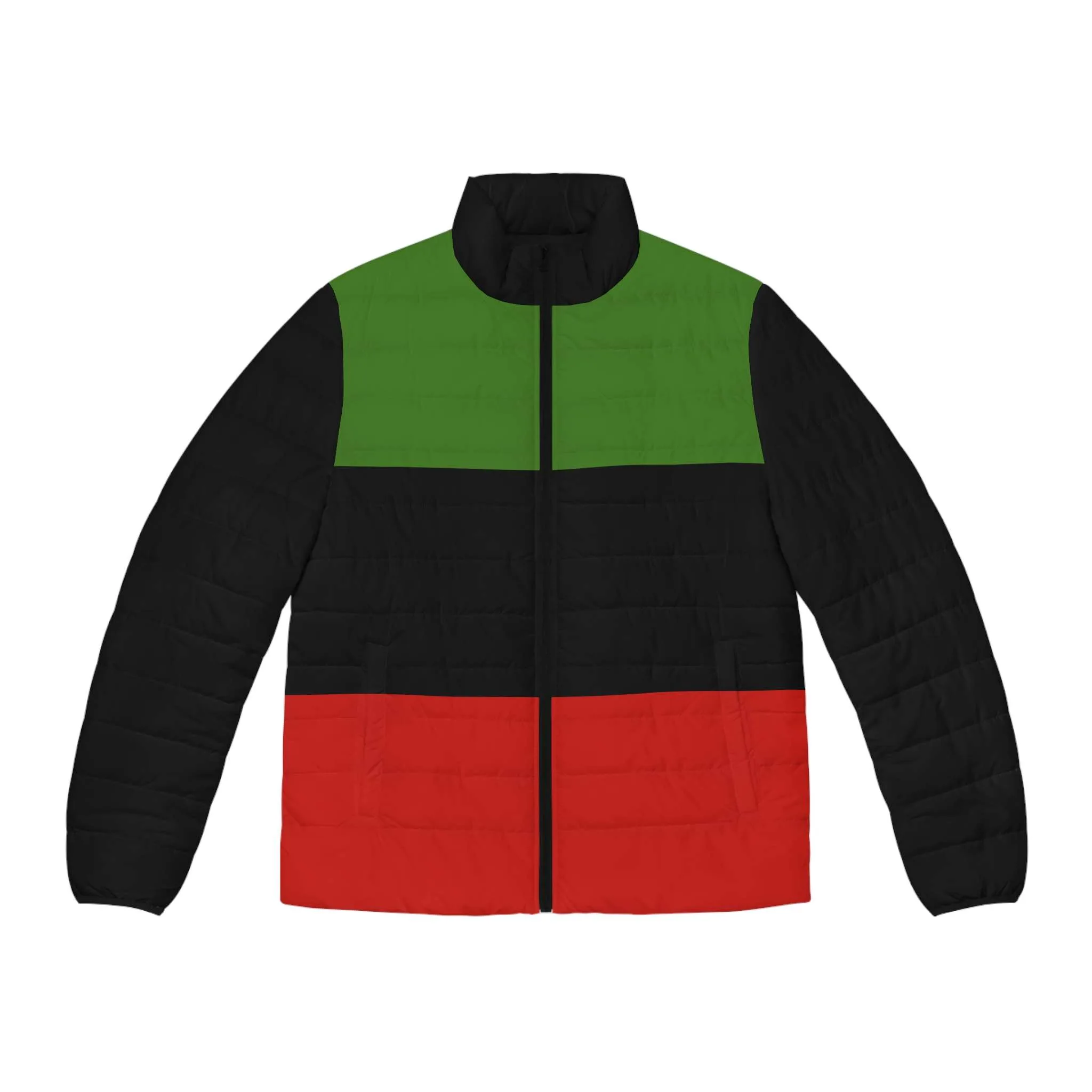 African American Jacket in the pan African flag colors. Puffer Jacket to keep you warm this Winter. Rastaseed Jamaican merchandise and Rasta Clothing.