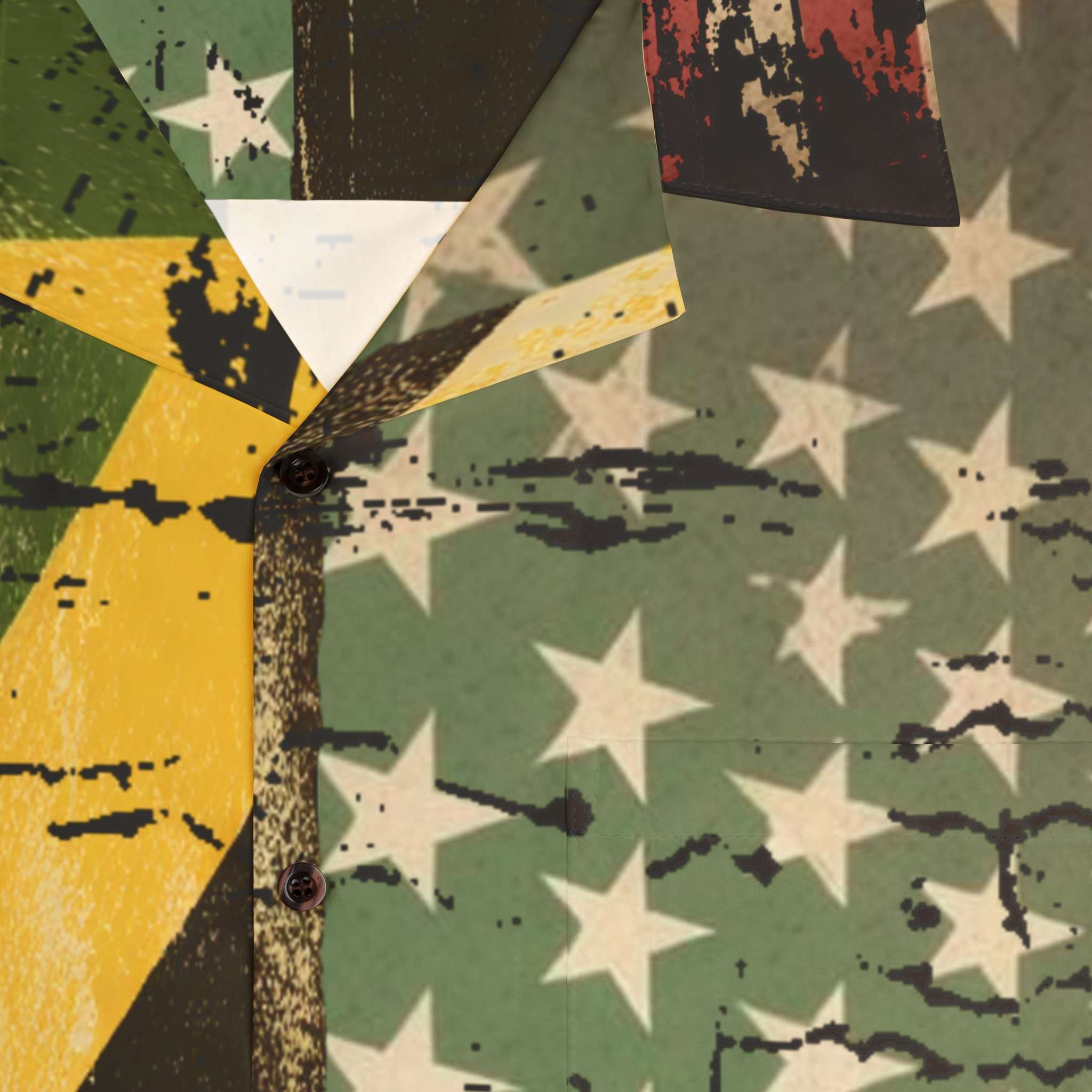 Jamaican American Flag Design Button Up Shirt close up view in the Hawaiian design. Great for Summer parties, vacations and tropical themed events.