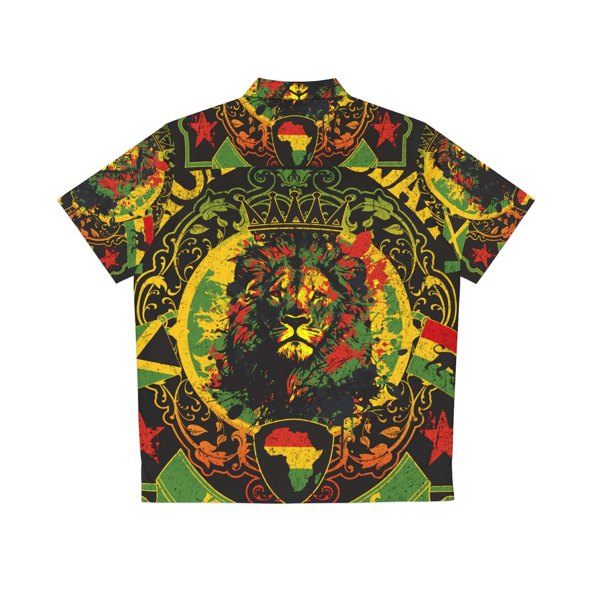 Lion of Judah shirt with Rasta symbology, Africa, ankh, red gold and green colors back view. Jamaican flag and Rasta lion. Rasta clothing at Rastaseed.com