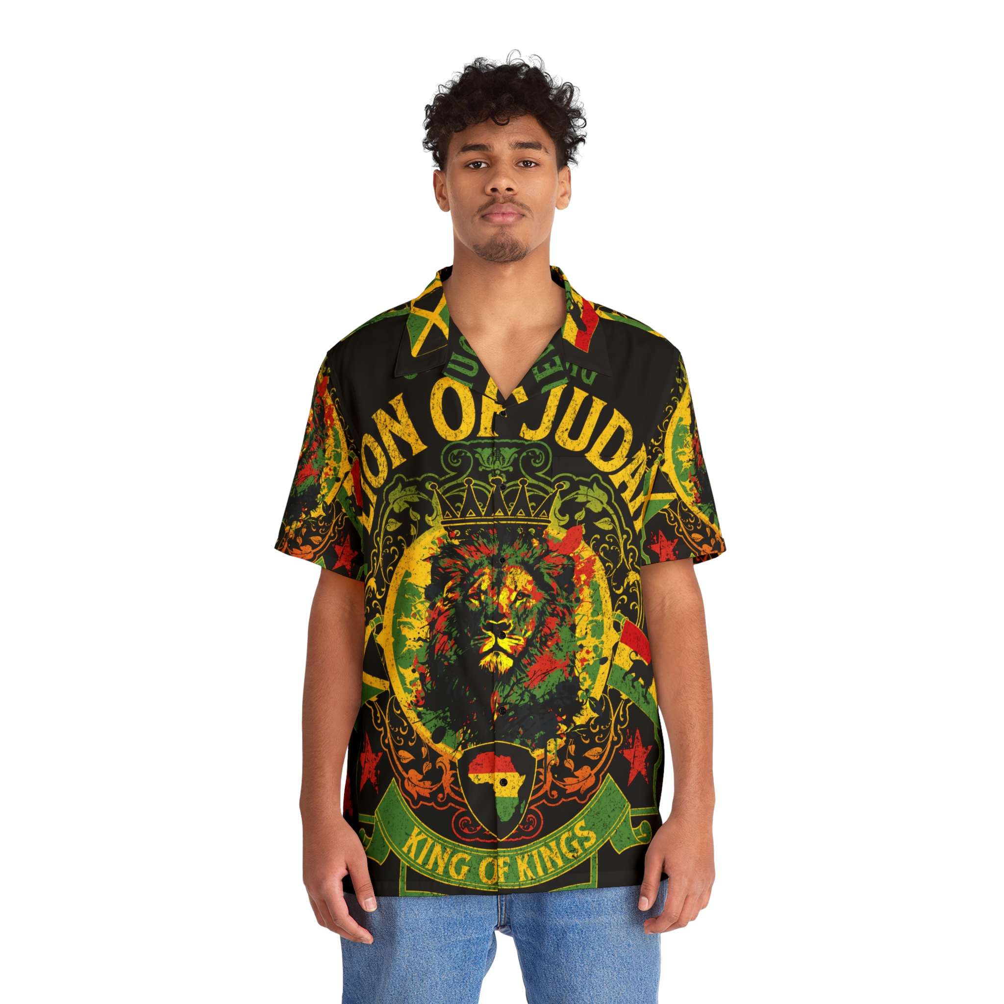 Lion of Judah shirt with Rasta symbology, Africa, ankh, red gold and green colors front model view. Jamaican flag and Rasta lion. Rasta clothing at Rastaseed.com