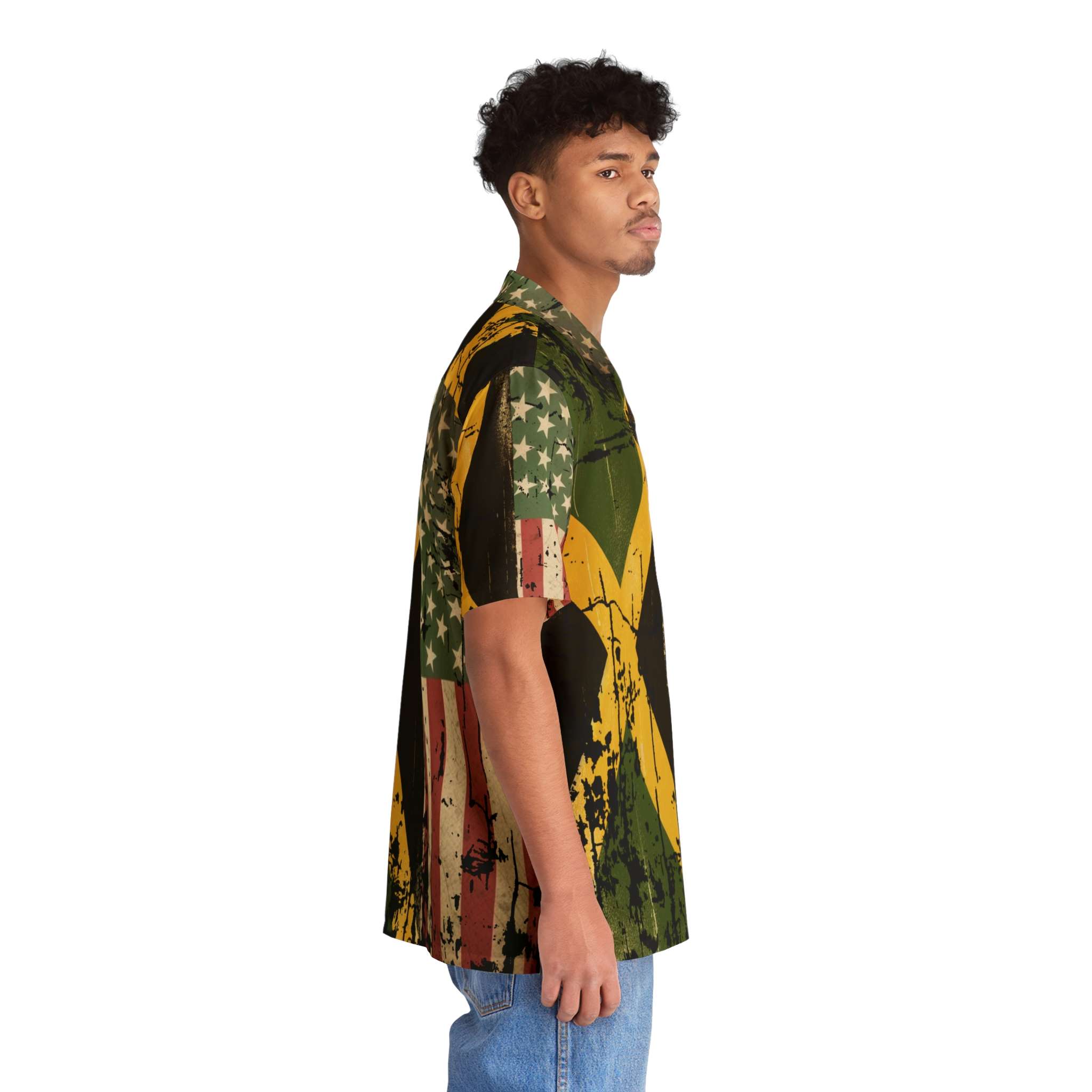 Jamaican American Flag Design Button Up Shirt model right side view in the Hawaiian design. Great for Summer parties, vacations and tropical themed events.