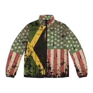 African American Jamaican puffer jacket in a distressed pattern front view. Stay warm this Winter Rastaseed Rasta clothing merchandise and shoes.