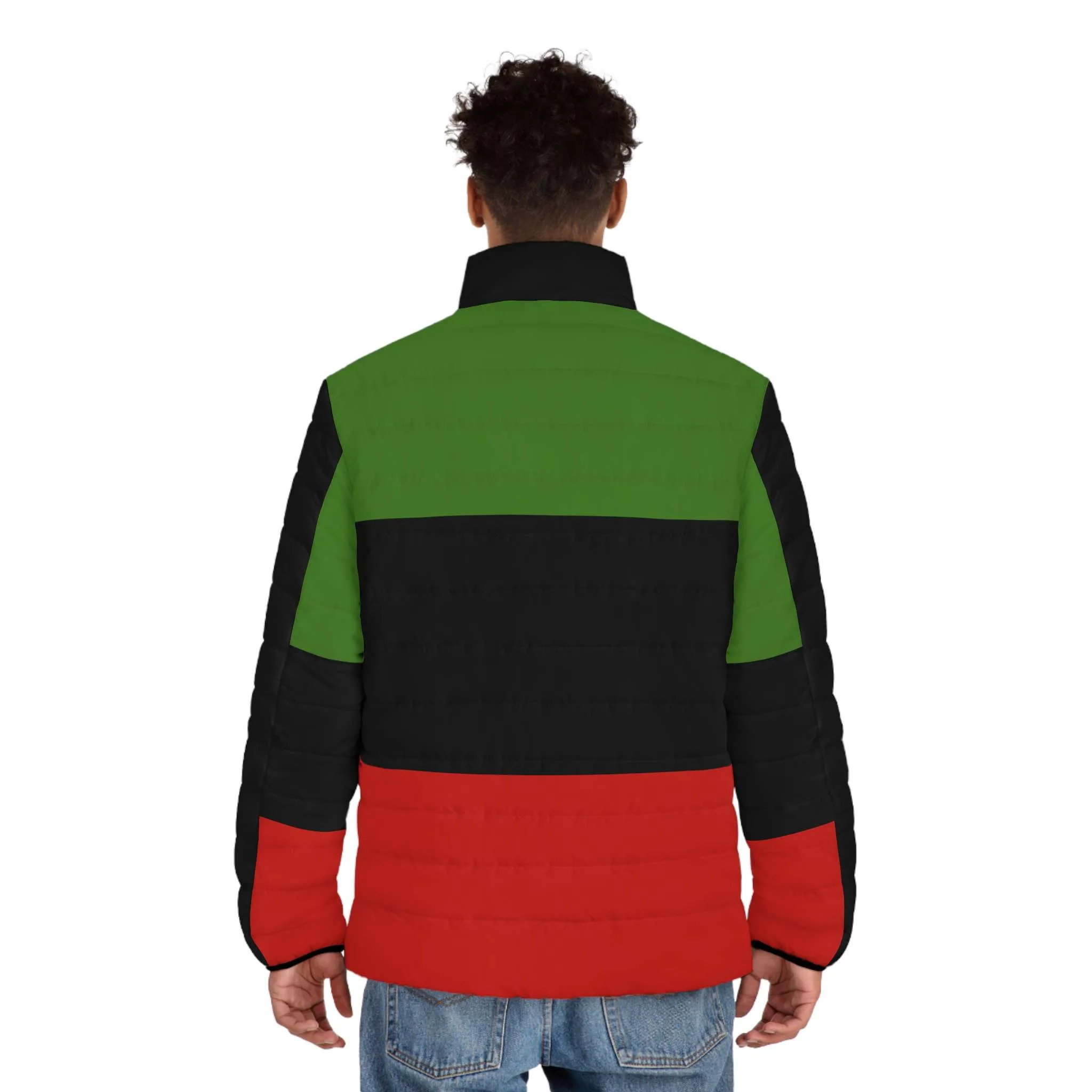 African American Jacket back model view in the pan African flag colors. Puffer Jacket to keep you warm this Winter. Rastaseed Jamaican merchandise and Rasta Clothing.