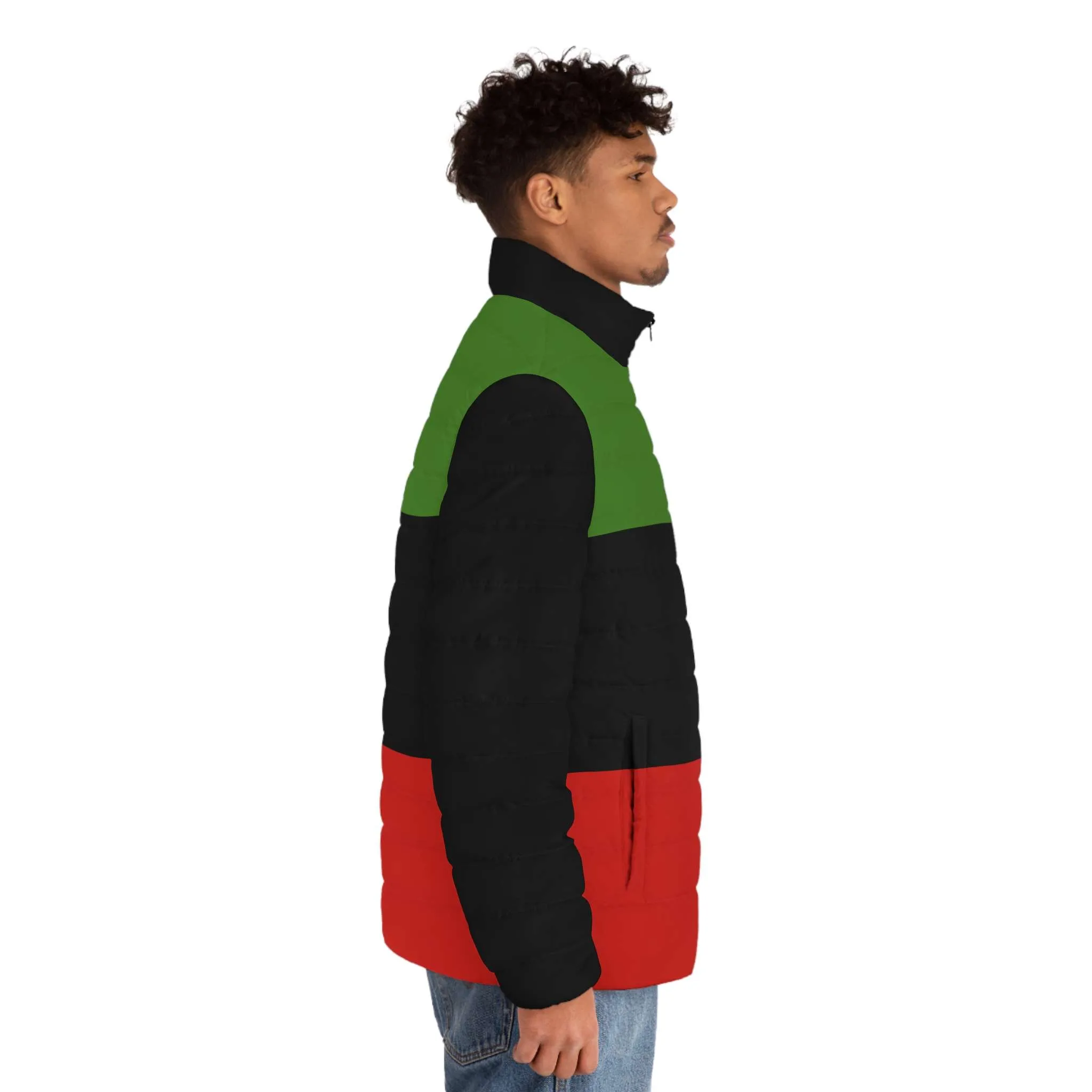 African American Jacket right side tmodel view in the pan African flag colors. Puffer Jacket to keep you warm this Winter. Rastaseed Jamaican merchandise and Rasta Clothing.