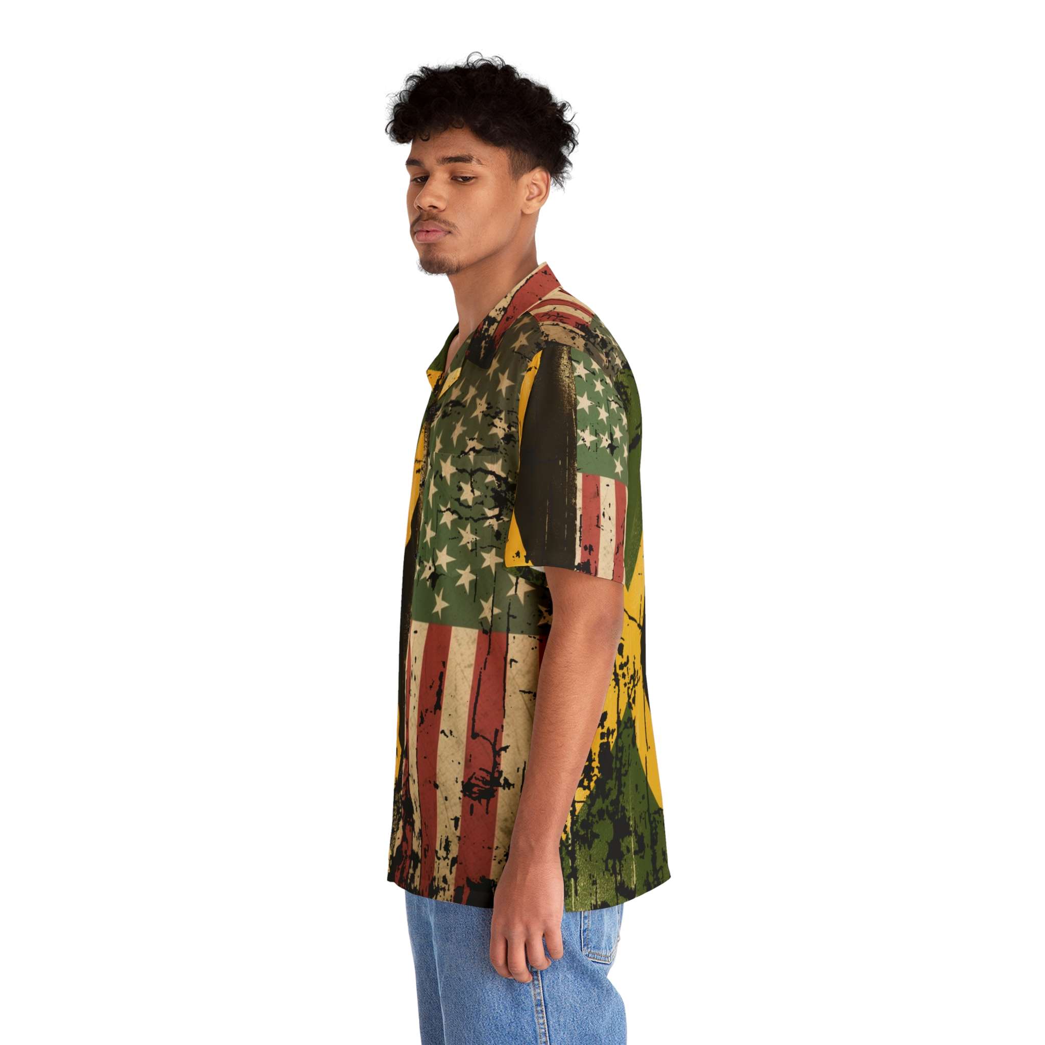 Jamaican American Flag Design Button Up Shirt model left side view in the Hawaiian design. Great for Summer parties, vacations and tropical themed events.