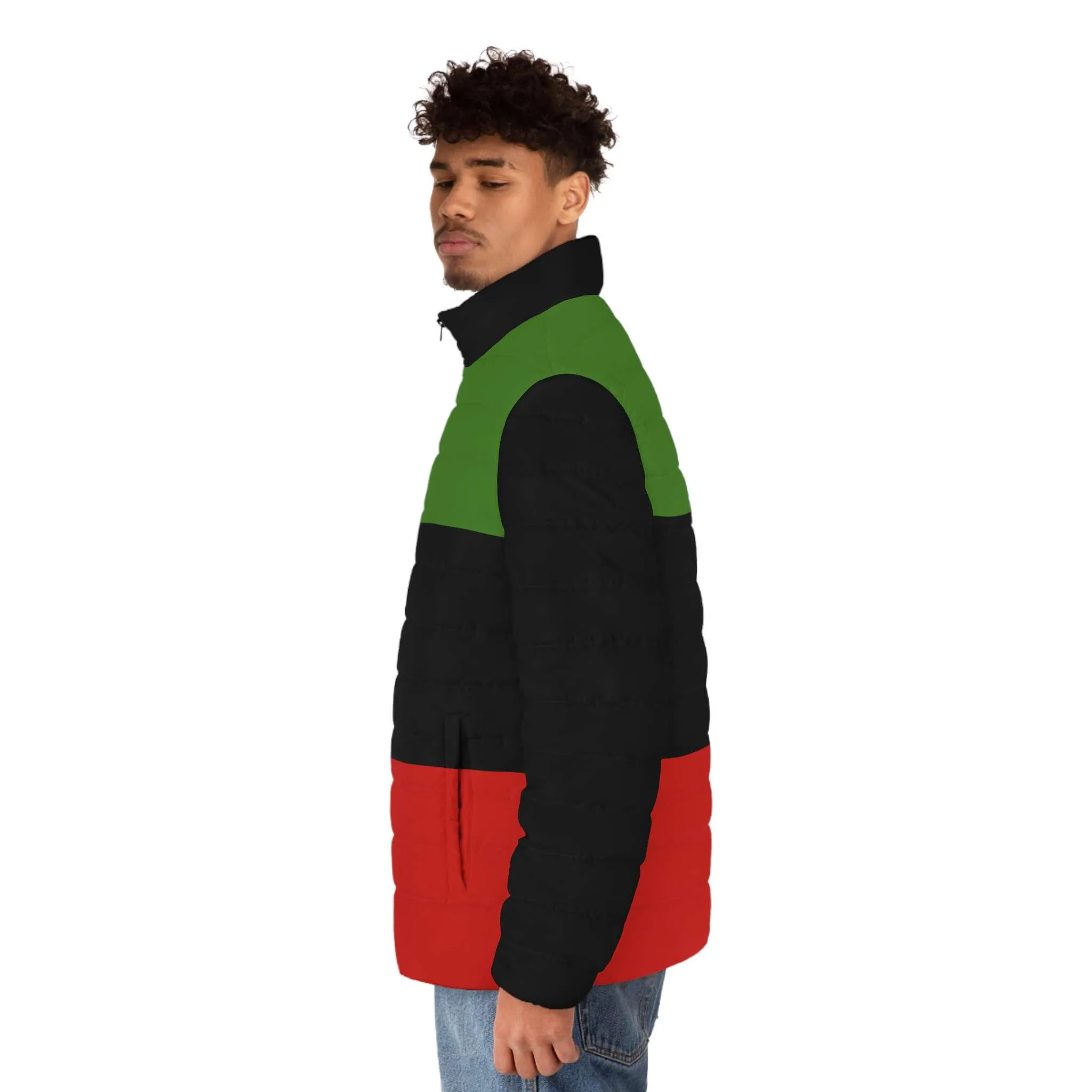 African American Jacket left model view in the pan African flag colors. Puffer Jacket to keep you warm this Winter. Rastaseed Jamaican merchandise and Rasta Clothing.