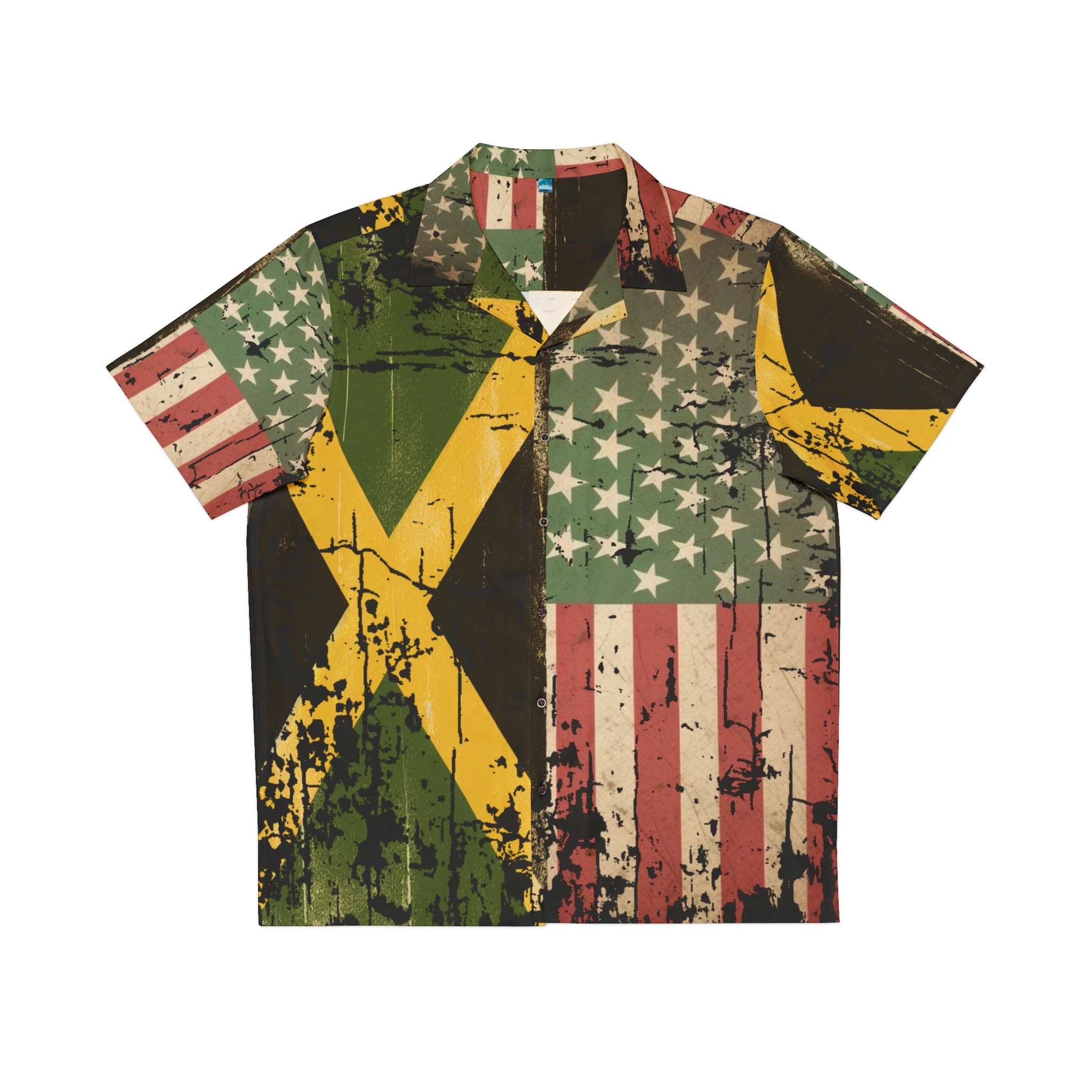 Jamaican American Flag Design Button Up Shirt front in the Hawaiian design. Great for Summer parties, vacations and tropical themed events.