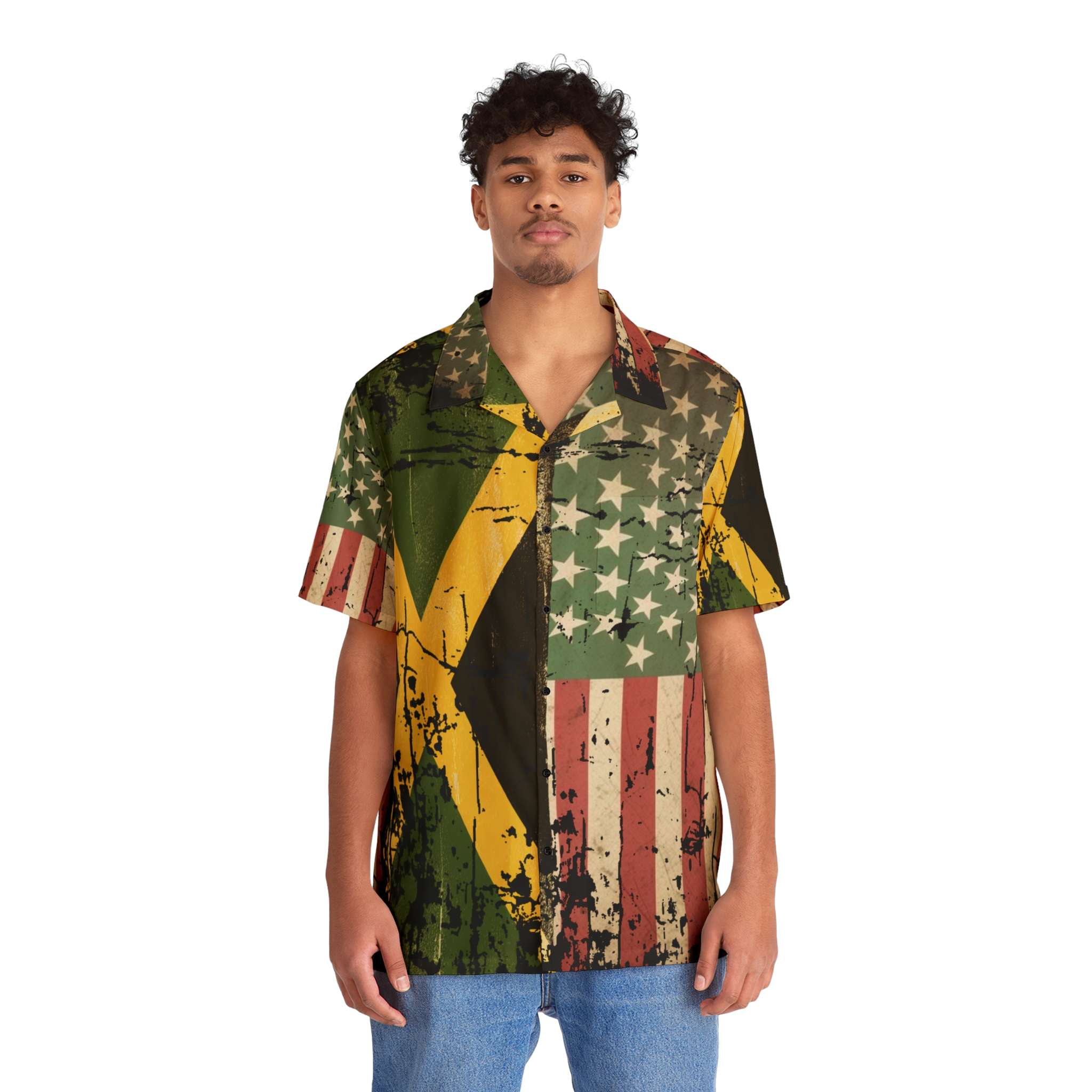 Jamaican American Flag Design Button Up Shirt in the Hawaiian design model front view. Great for Summer parties, vacations and tropical themed events.