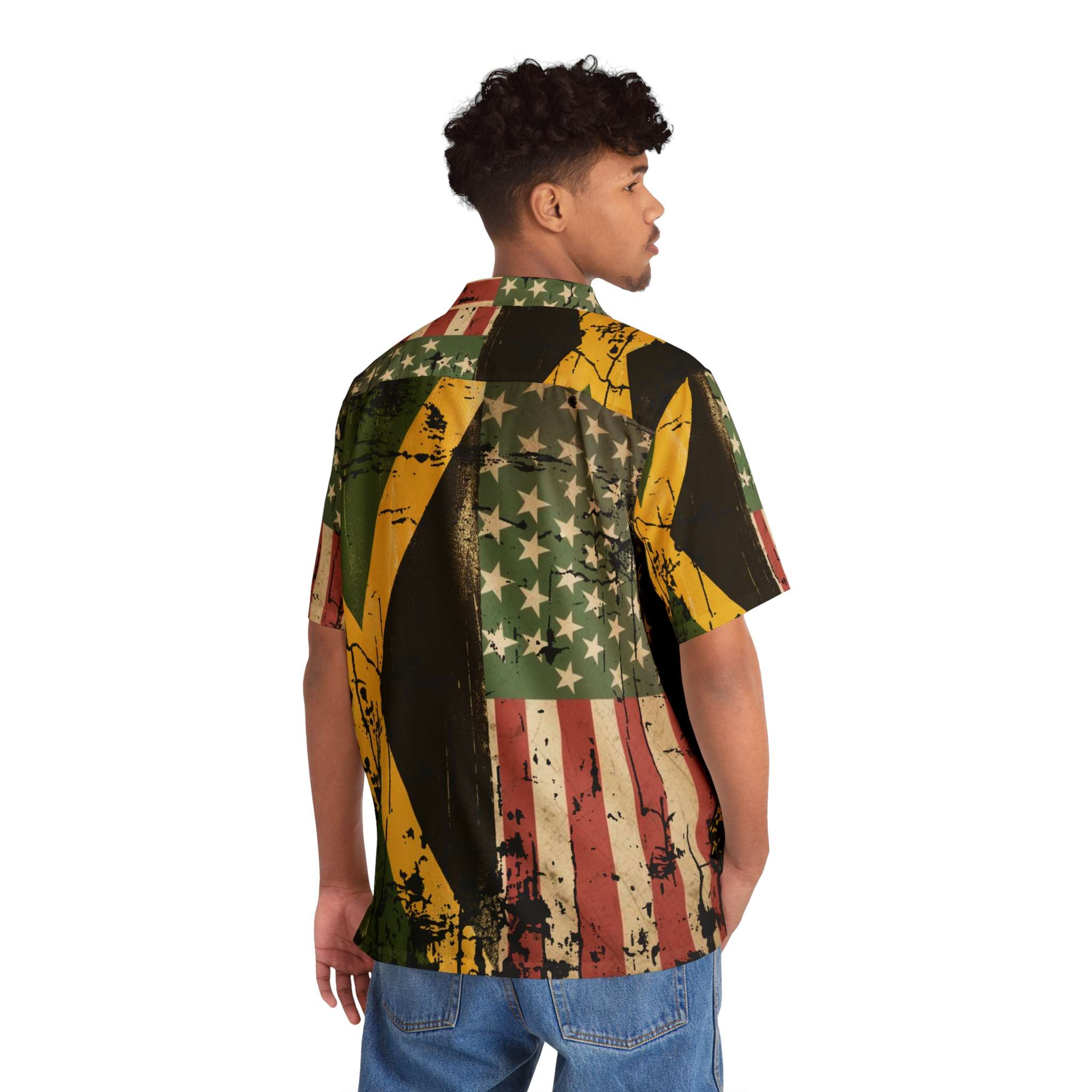 Jamaican American Flag Design Button Up Shirt in the Hawaiian design model back view. Great for Summer parties, vacations and tropical themed events.