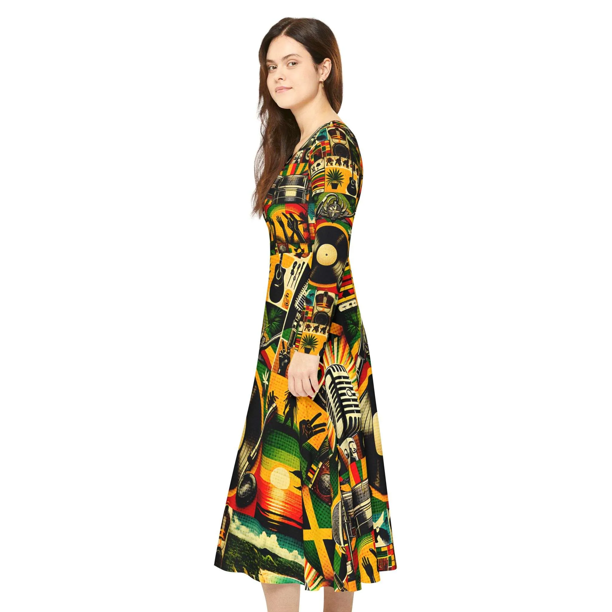 Reggae outfit for ladies left side model view. Vibrant reggae colors and symbols in a flattering design. Rasta merchandise and clothing at Rastaseed.com