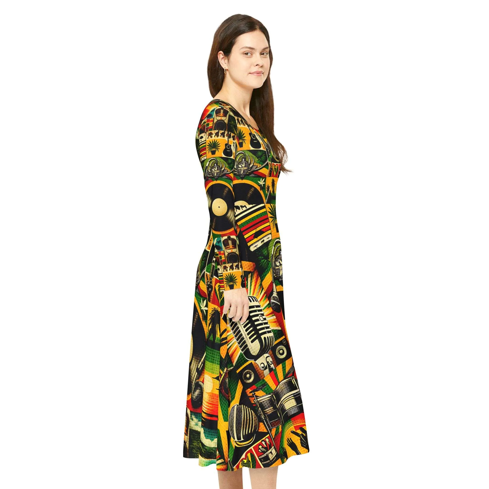 Reggae outfit for ladies right side model view. Vibrant reggae colors and symbols in a flattering design. Rasta merchandise and clothing at Rastaseed.com