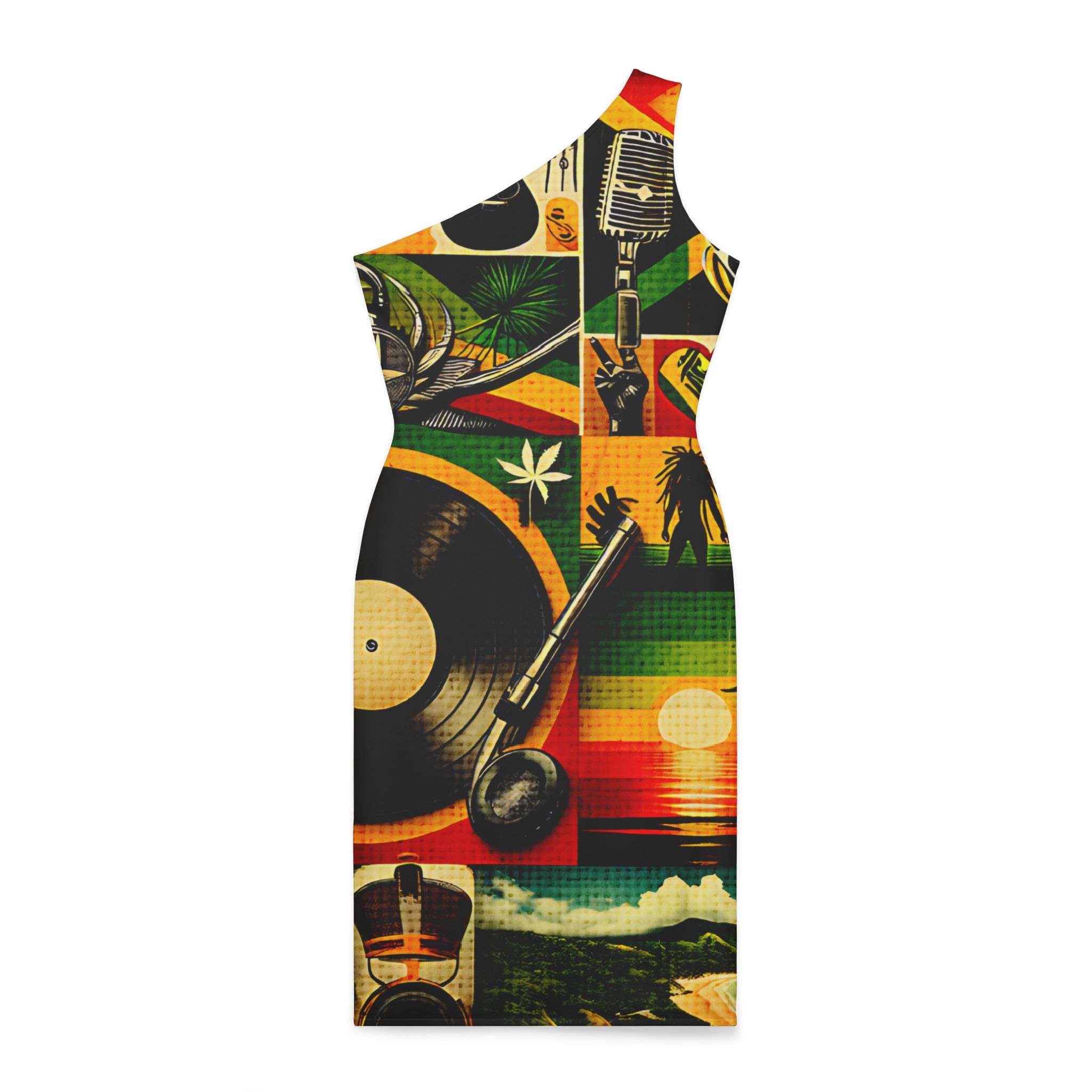 Reggae dress back view in vibrant red gold and green design. One shoulder body hugging style. Rasta merchandise clothing and accessories at Rastaseed.com