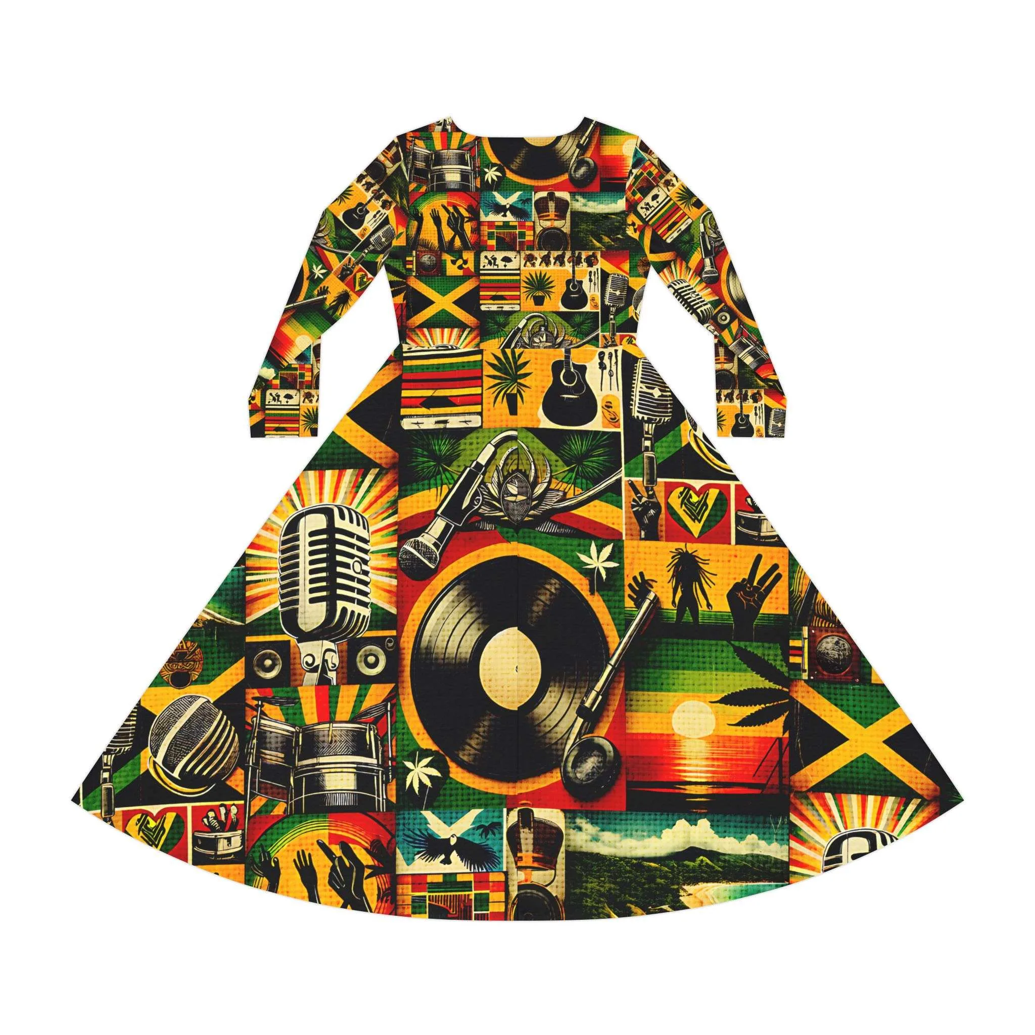 Reggae outfit for ladies back view. Vibrant reggae colors and symbols in a flattering design. Rasta merchandise and clothing at Rastaseed.com