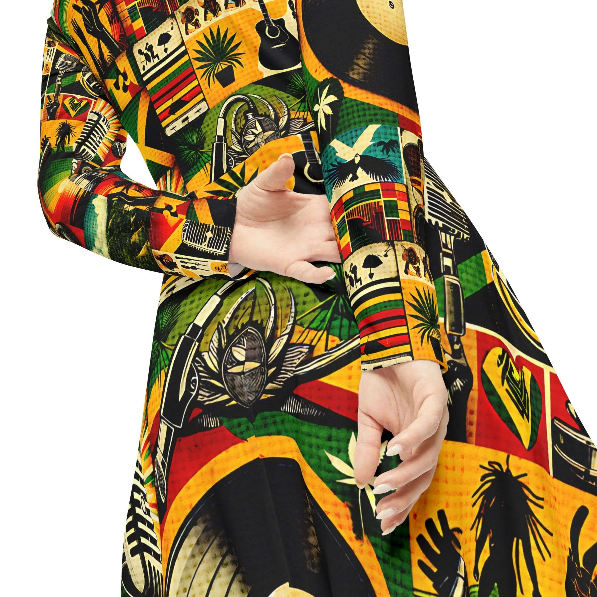 Reggae outfit for ladies close up view. Vibrant reggae colors and symbols in a flattering design. Rasta merchandise and clothing at Rastaseed.com
