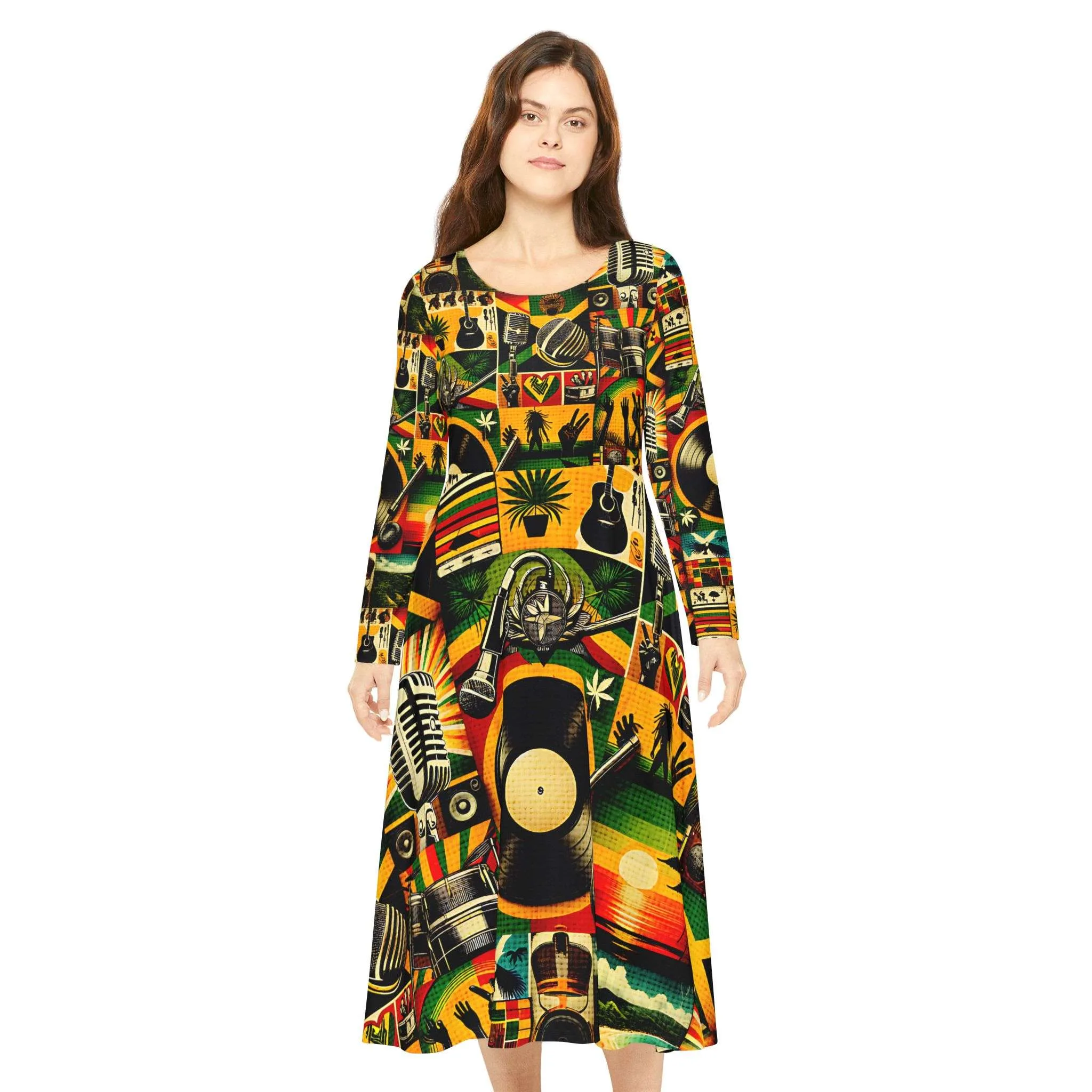 Reggae outfit for ladies front model view. Vibrant reggae colors and symbols in a flattering design. Rasta merchandise and clothing at Rastaseed.com
