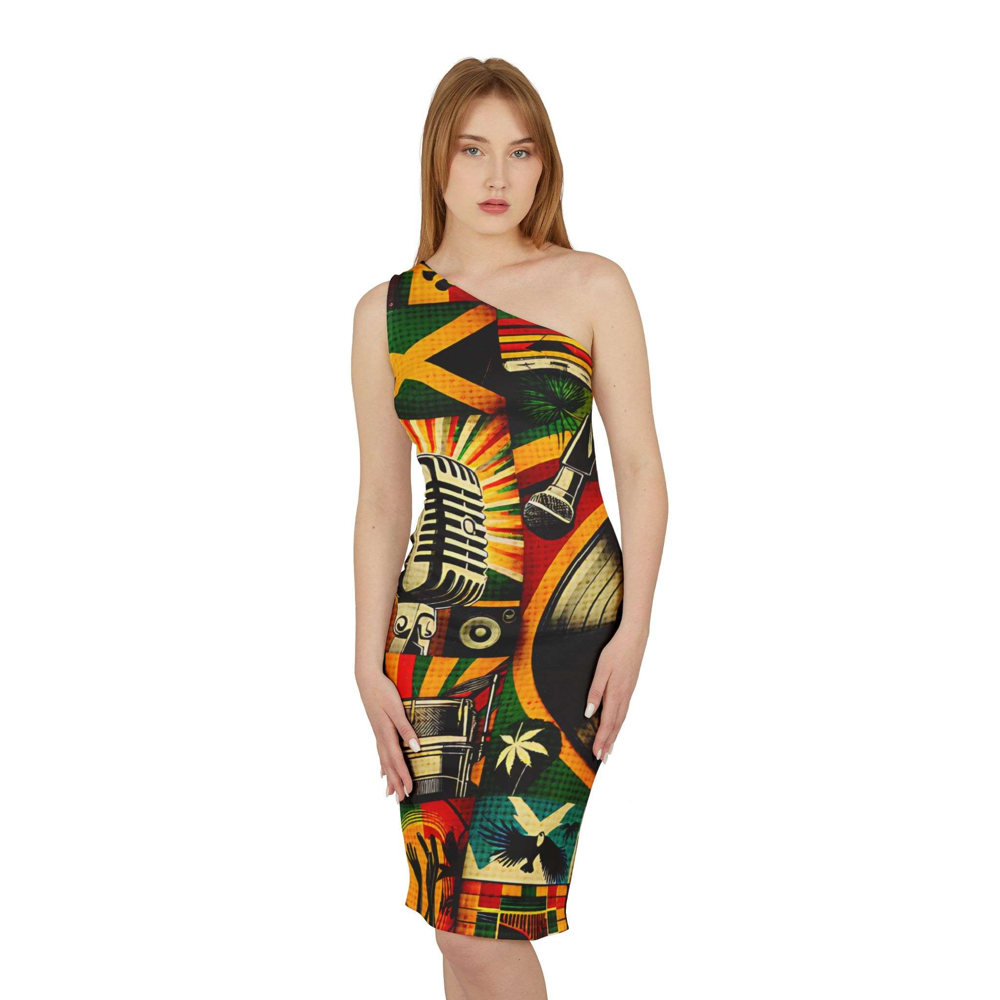 Reggae dress front model view in vibrant red gold and green design. One shoulder body hugging style. Rasta merchandise clothing and accessories at Rastaseed.com