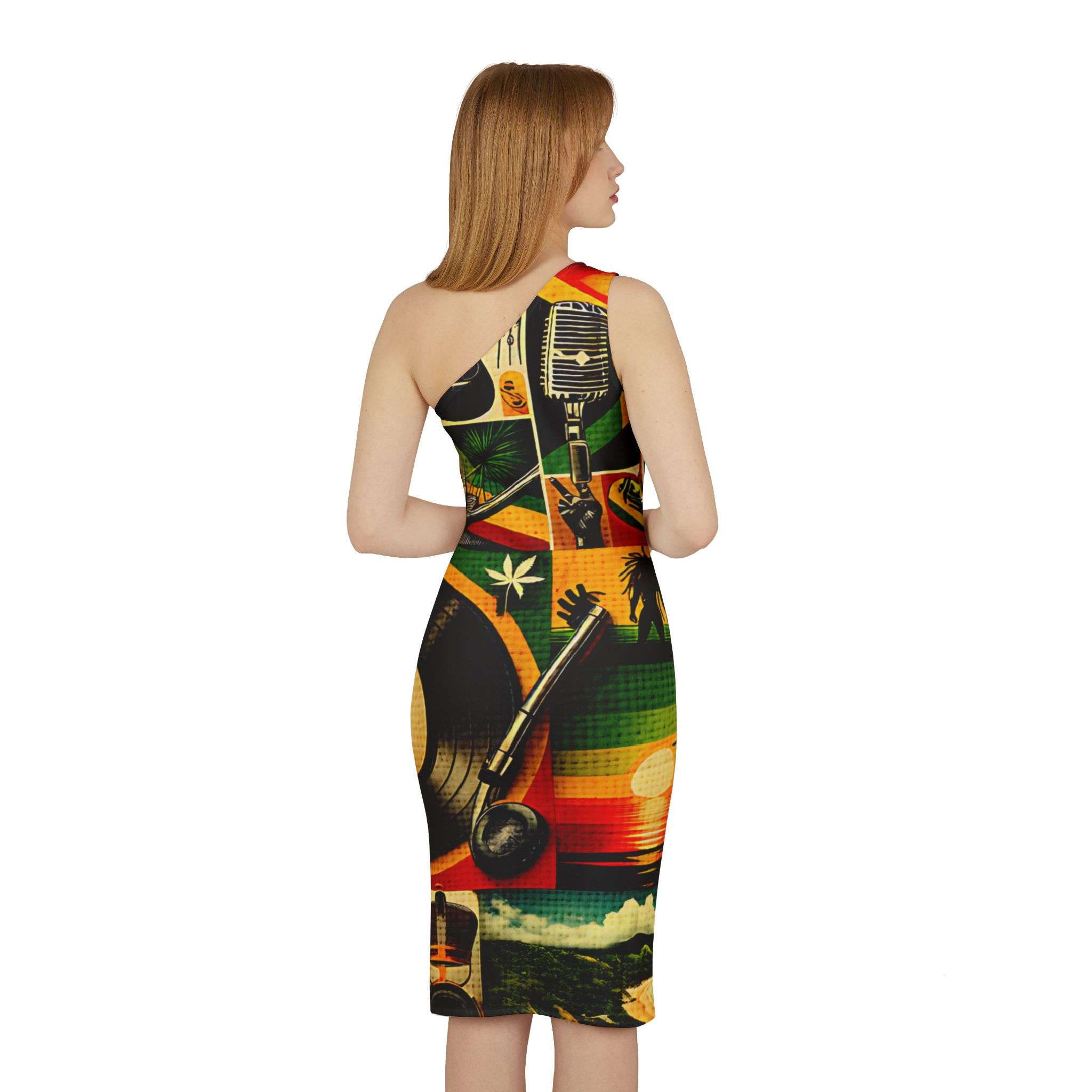 Reggae dress back model view in vibrant red gold and green design. One shoulder body hugging style. Rasta merchandise clothing and accessories at Rastaseed.com
