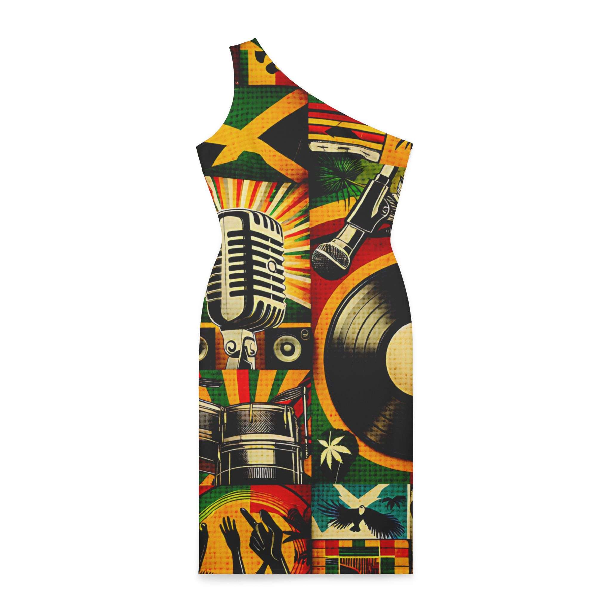 Reggae dress in vibrant red gold and green design. One shoulder body hugging style. Rasta merchandise clothing and accessories at Rastaseed.com