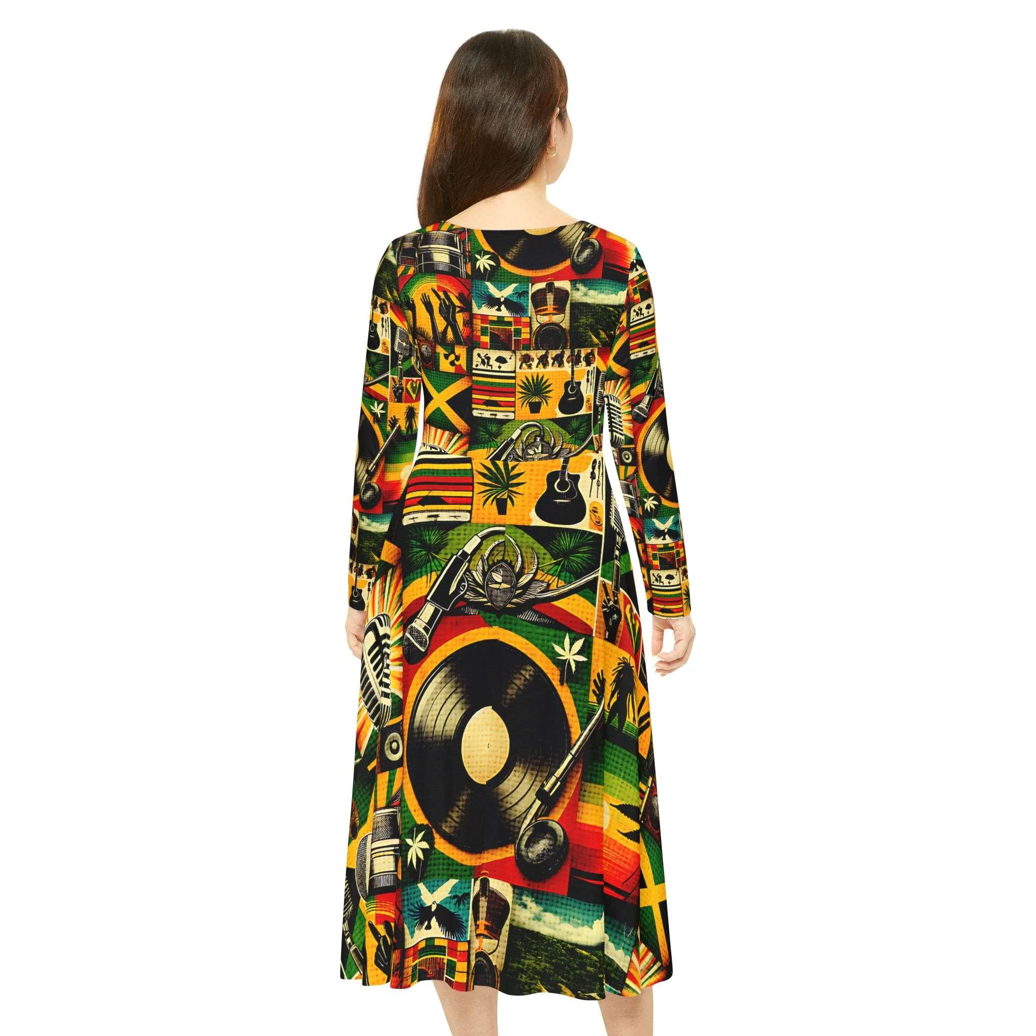 Reggae outfit for ladies. back model view Vibrant reggae colors and symbols in a flattering design. Rasta merchandise and clothing at Rastaseed.com