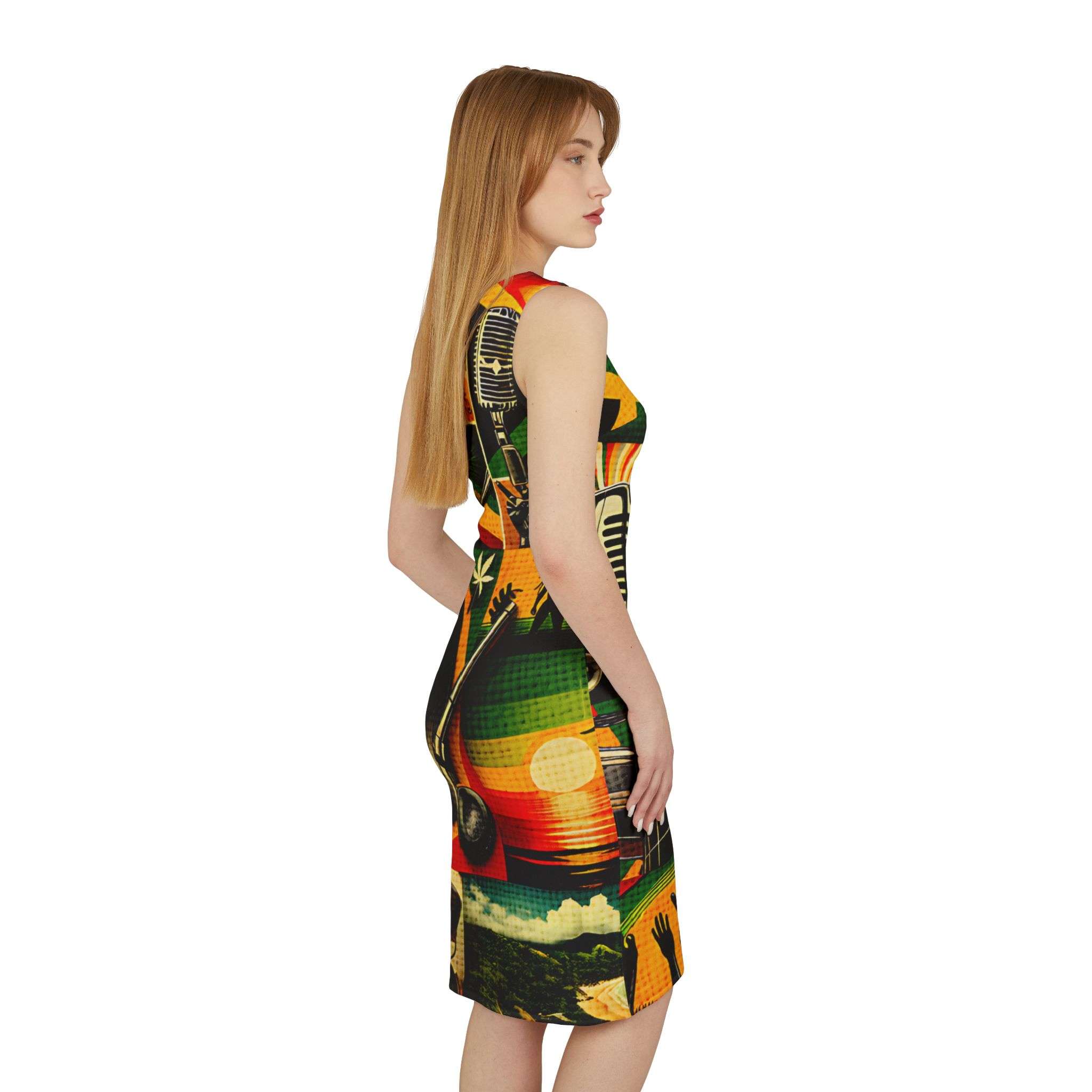 Reggae dress right side view in vibrant red gold and green design. One shoulder body hugging style. Rasta merchandise clothing and accessories at Rastaseed.com