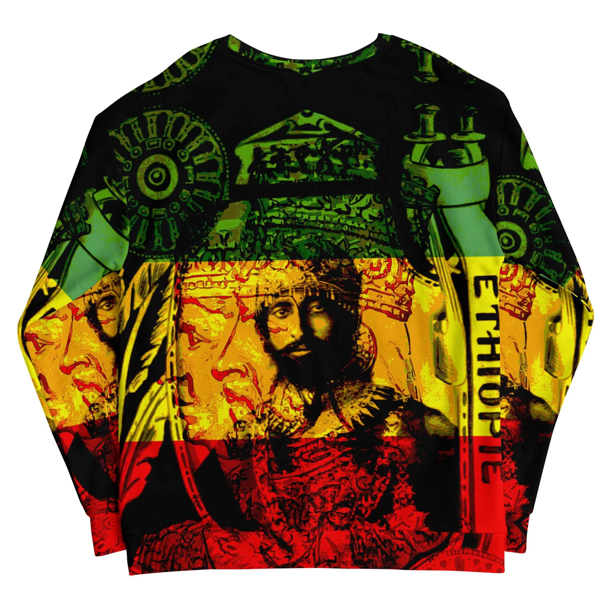 Haile Selassie Sweatshirt back view in red gold green and black. Emperor of Ethiopia. Rasta merchandise and clothing at Rastaseed.com