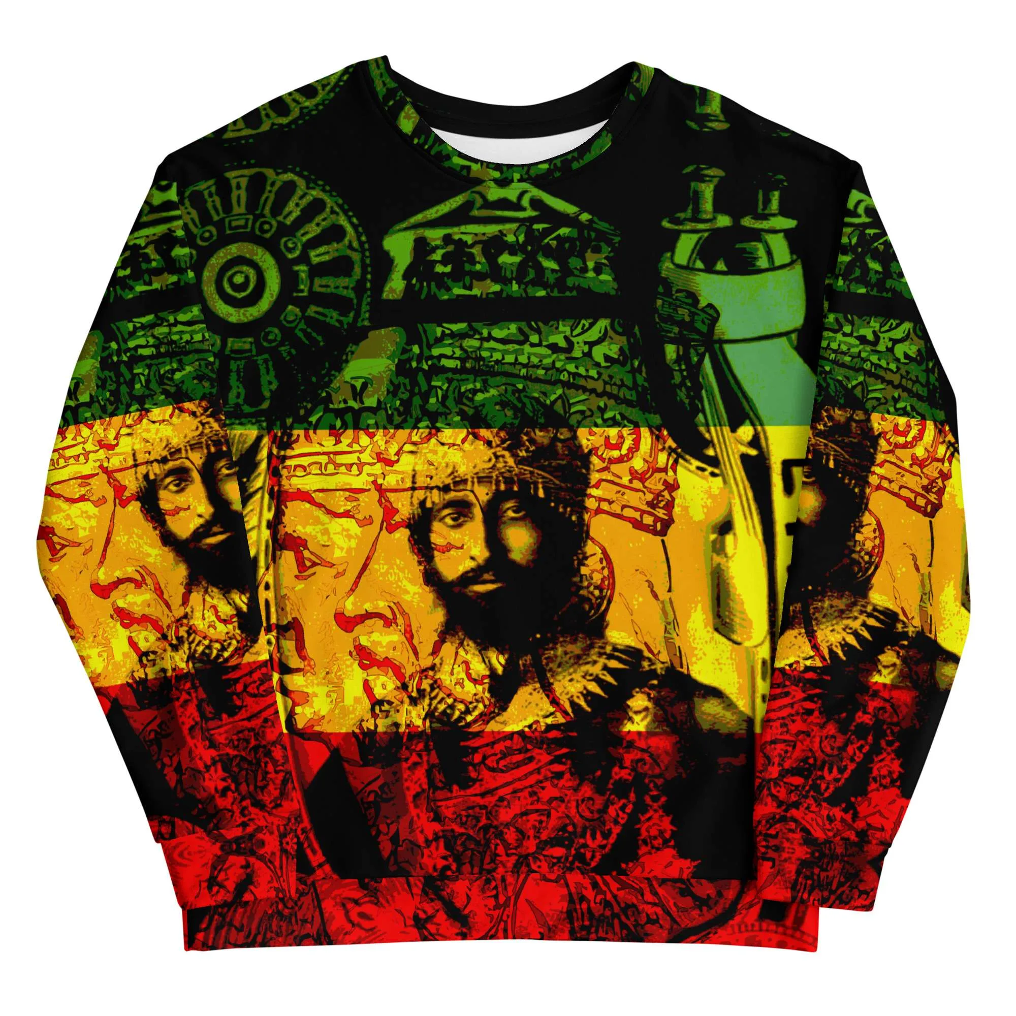Haile Selassie Sweatshirt front view in red gold green and black. Emperor of Ethiopia. Rasta merchandise and clothing at Rastaseed.com