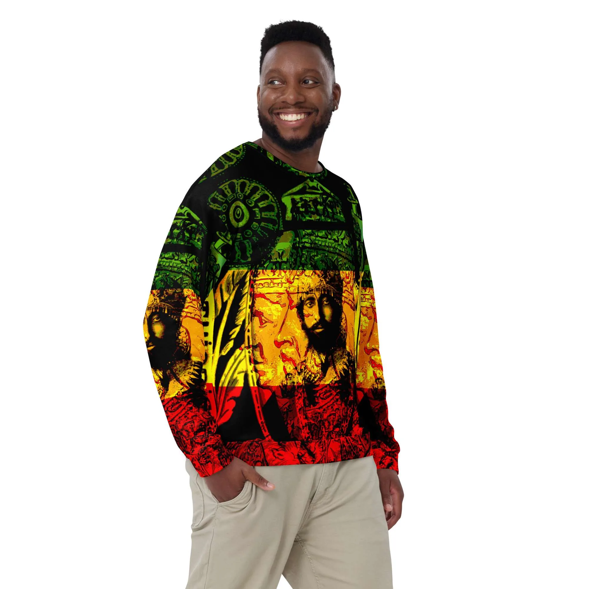 Haile Selassie Sweatshirt male model view in red gold green and black. Emperor of Ethiopia. Rasta merchandise and clothing at Rastaseed.com