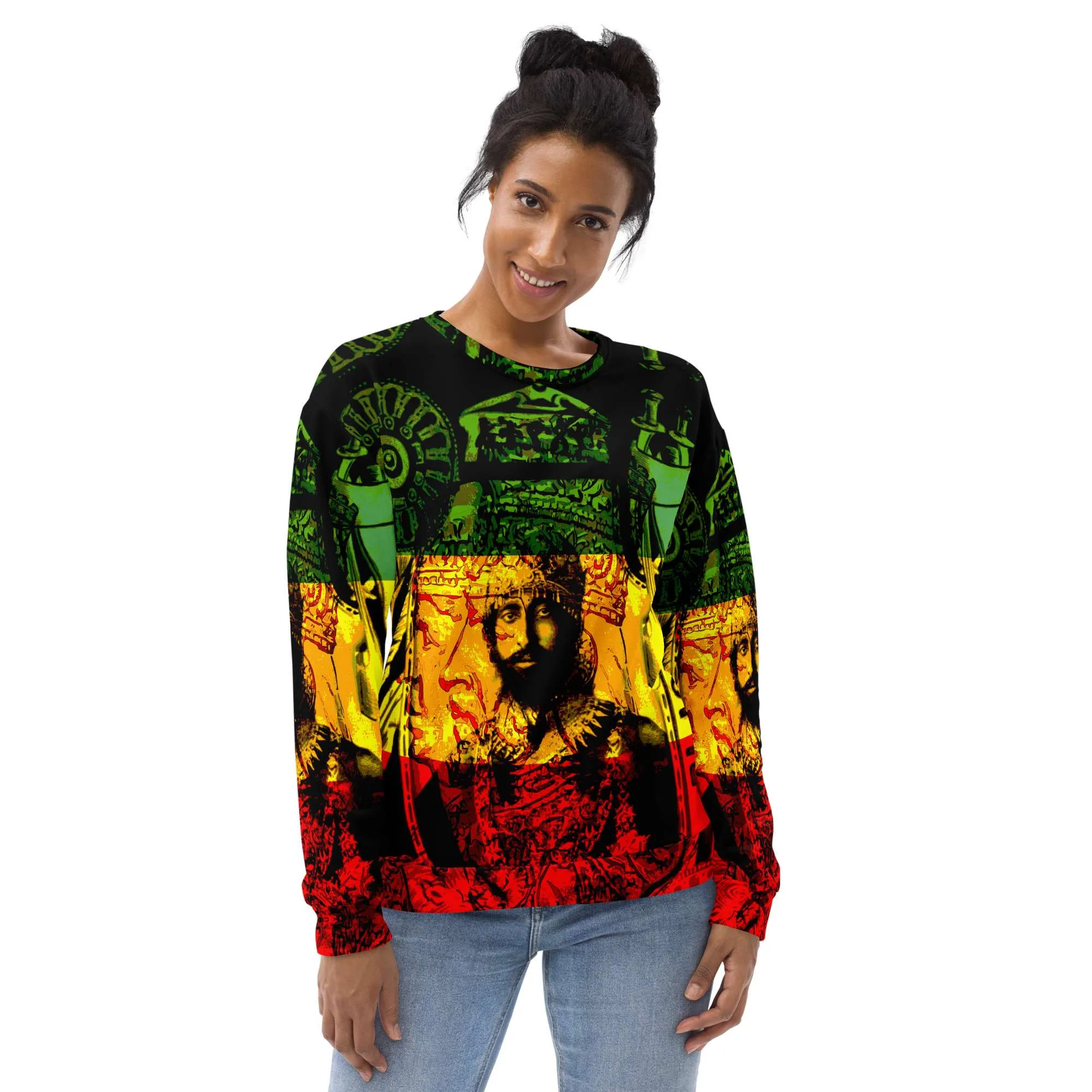 Haile Selassie Sweatshirt female model view in red gold green and black. Emperor of Ethiopia. Rasta merchandise and clothing at Rastaseed.com