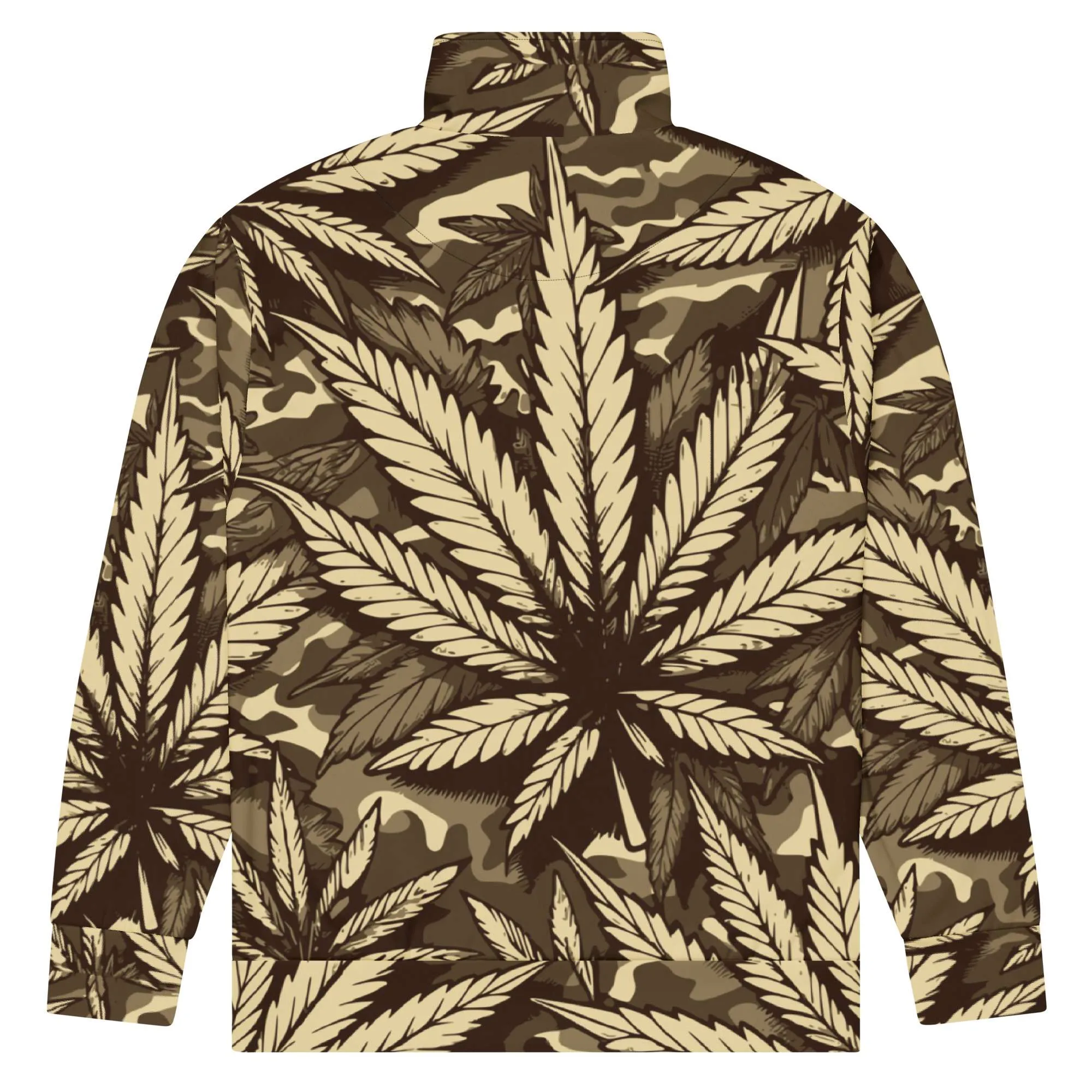 Hemp Unisex track jacket back view in camouflage design with muted colors. Great for an early morning run or training session. Rastaseed brand merchandise.