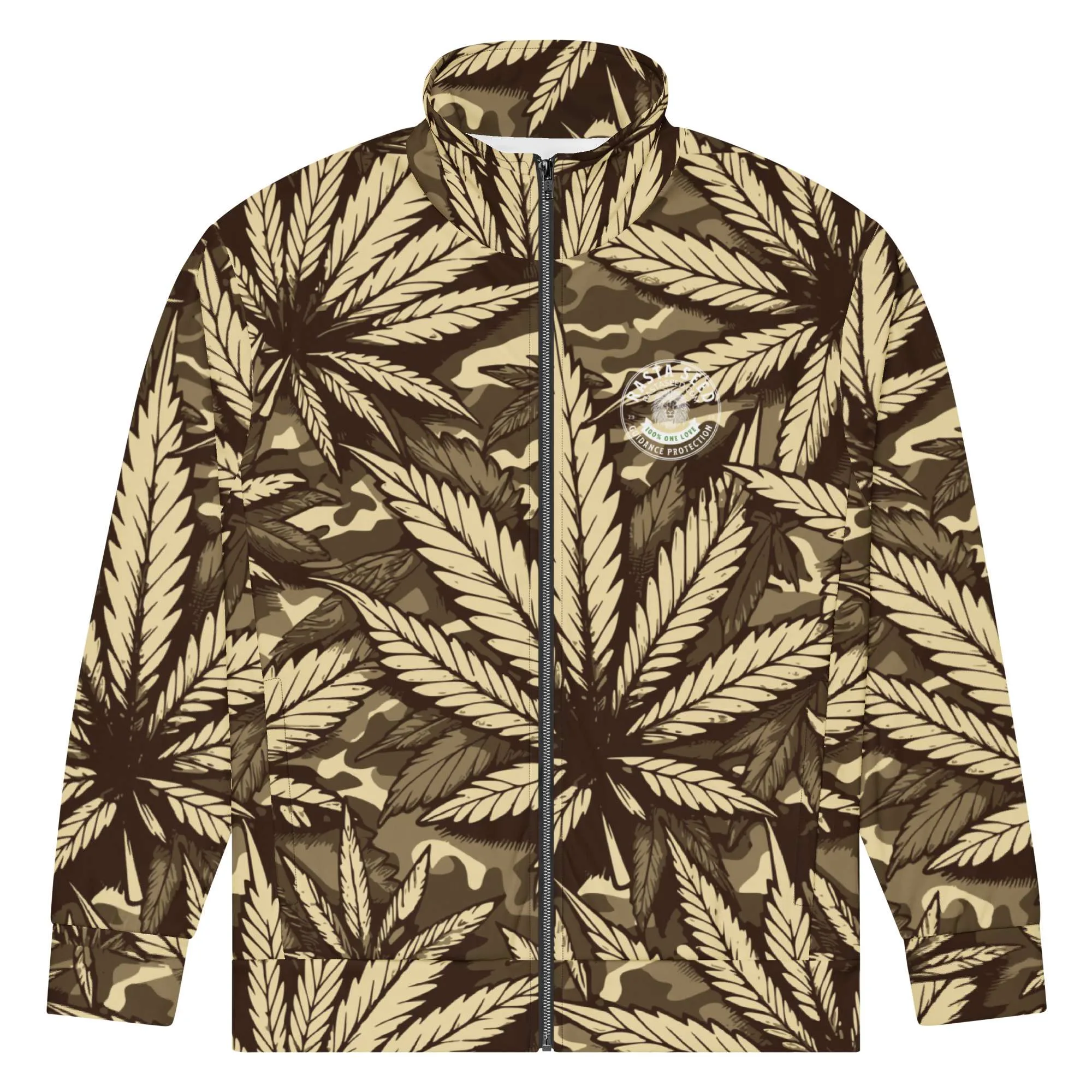 Hemp Unisex track jacket front view in camouflage design with muted colors. Great for an early morning run or training session. Rastaseed brand merchandise.