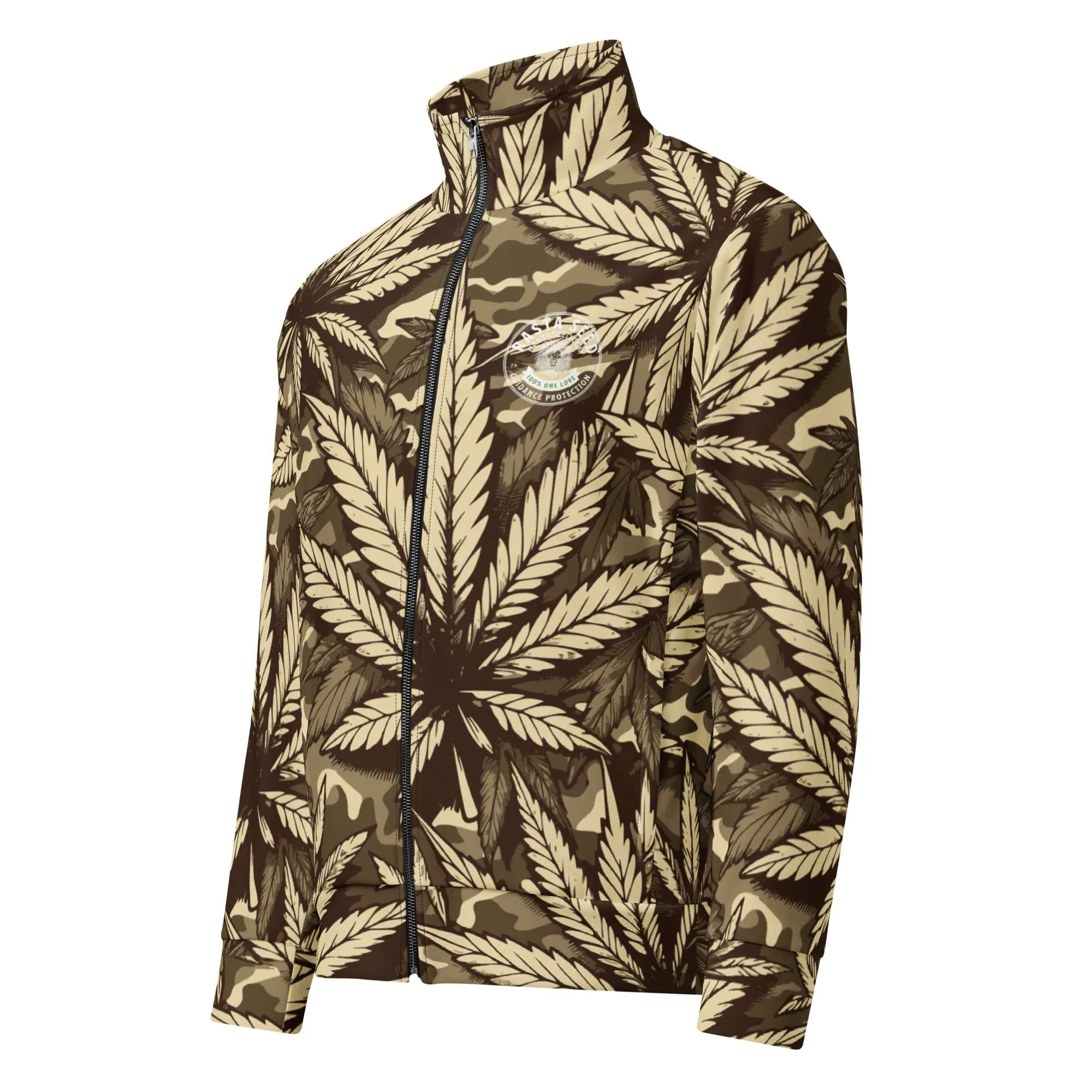 Hemp Unisex track jacket side front view in camouflage design with muted colors. Great for an early morning run or training session. Rastaseed brand merchandise.