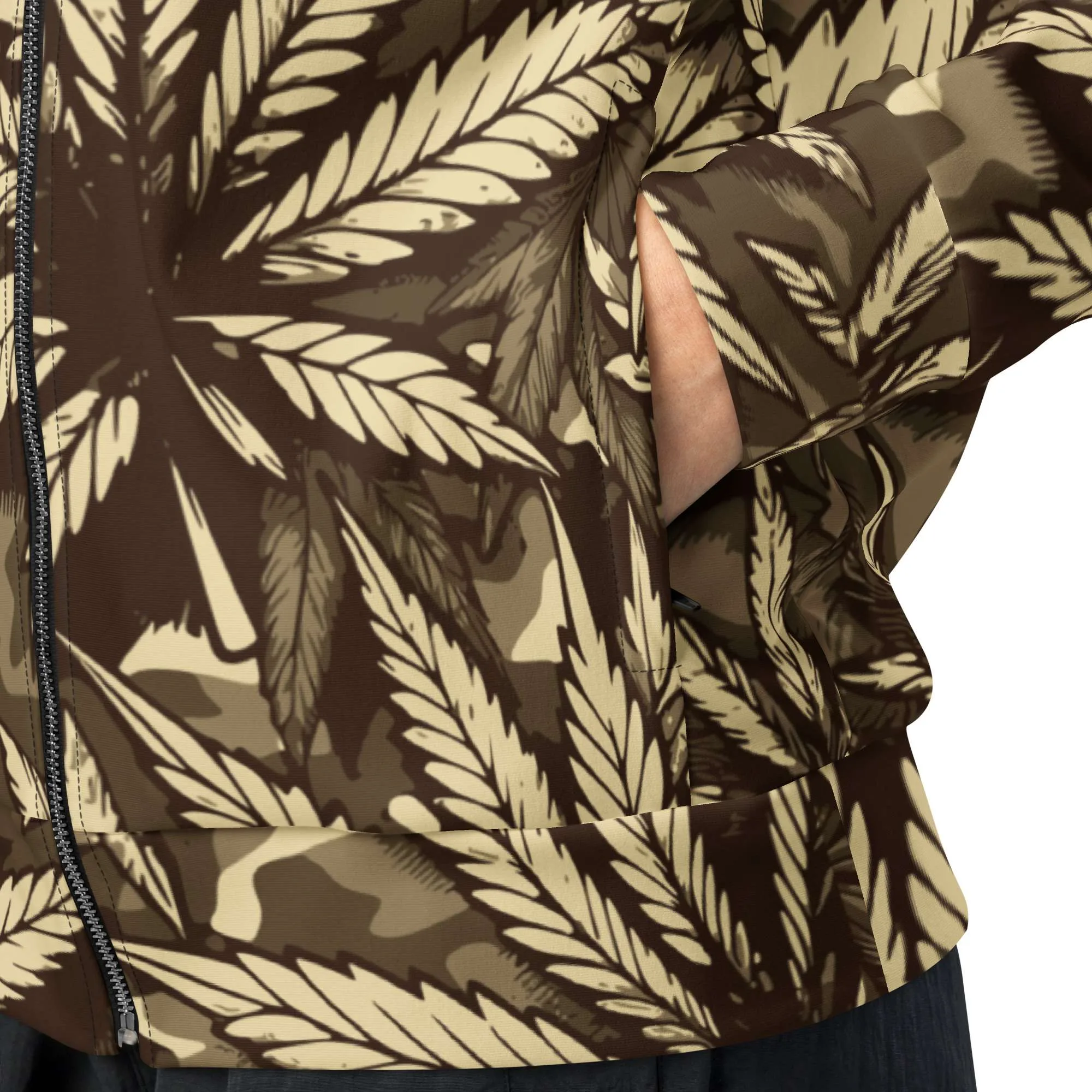 Hemp Unisex track jacket close up view in camouflage design with muted colors. Great for an early morning run or training session. Rastaseed brand merchandise.