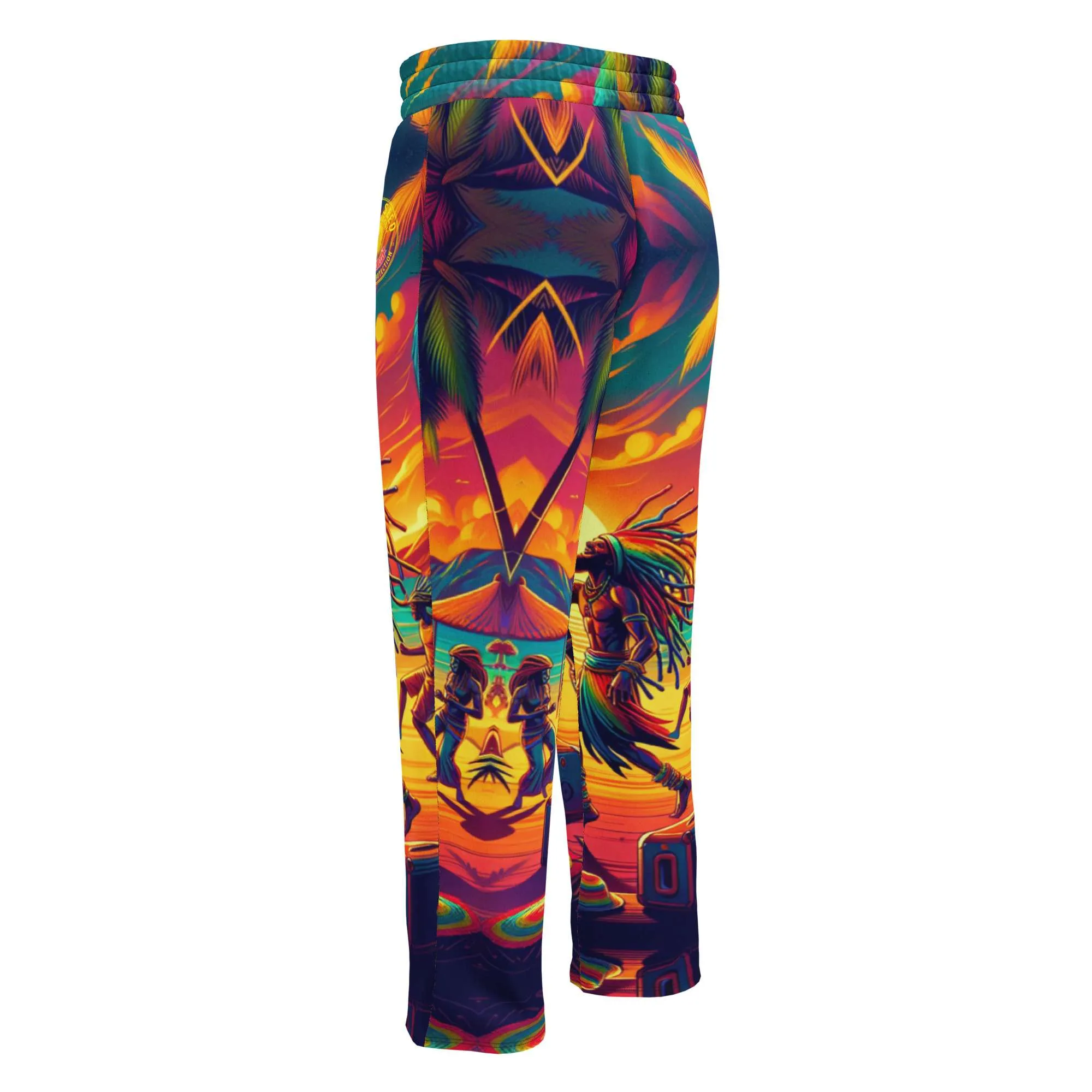 Rasta Sunrise Party Wide Leg Pants back view in vibrant colors. Rastaseed Jamaican Reggae and Rastafarian culturally inspired clothing.