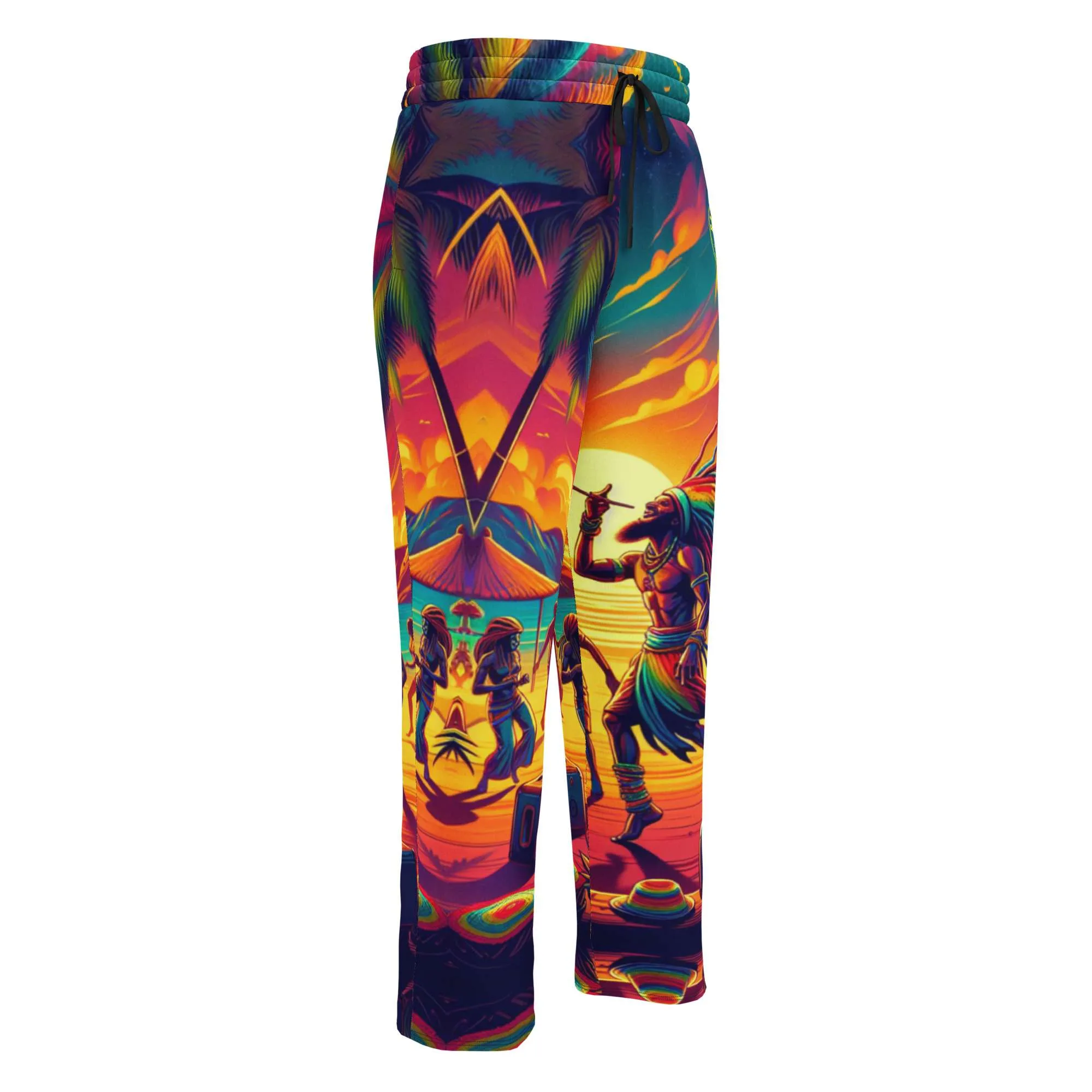 Rasta Sunrise Party Wide Leg Pants front view in vibrant colors. Rastaseed Jamaican Reggae and Rastafarian culturally inspired clothing.