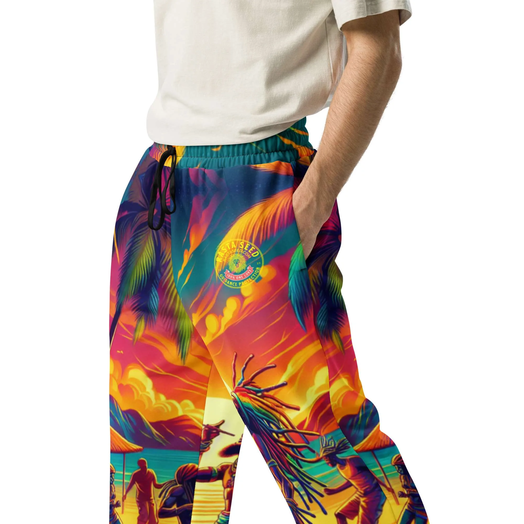 Rasta Sunrise Party Wide Leg Pants close up side view in vibrant colors. Rastaseed Jamaican Reggae and Rastafarian culturally inspired clothing.