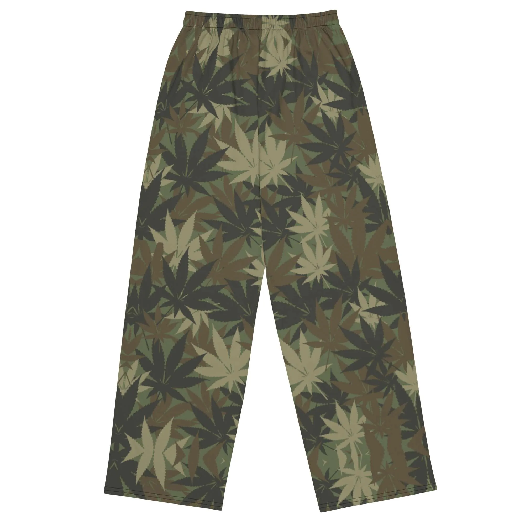 Rasta Hemp Leaf Camouflage Khaki unisex wide-leg pants back view. Subtle cannabis leaf design. Rastaseed brand of culturally inspired clothing.