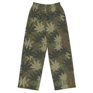 Rasta Hemp Leaf Camouflage Khaki unisex wide-leg pants front view. Subtle cannabis leaf design. Rastaseed brand of culturally inspired clothing.