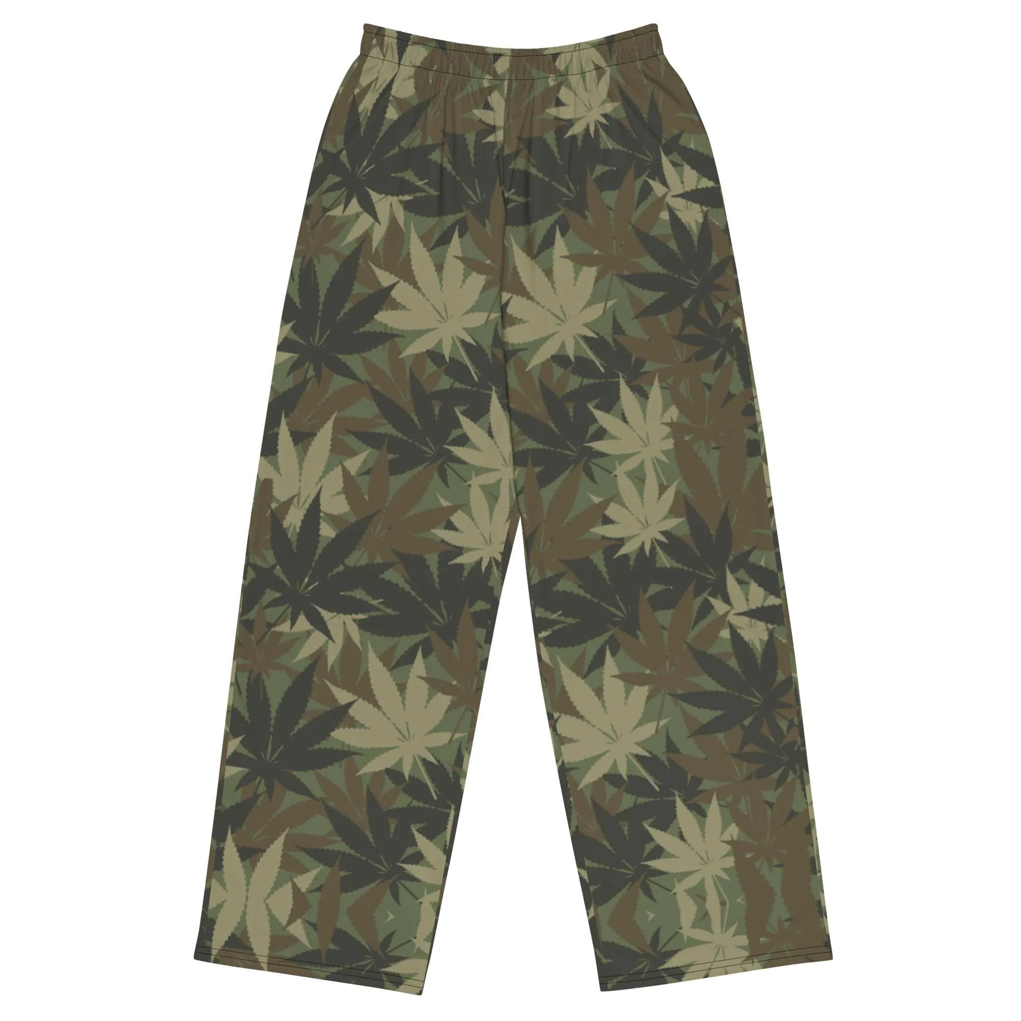 Rasta Hemp Leaf Camouflage Khaki unisex wide-leg pants front view. Subtle cannabis leaf design. Rastaseed brand of culturally inspired clothing.