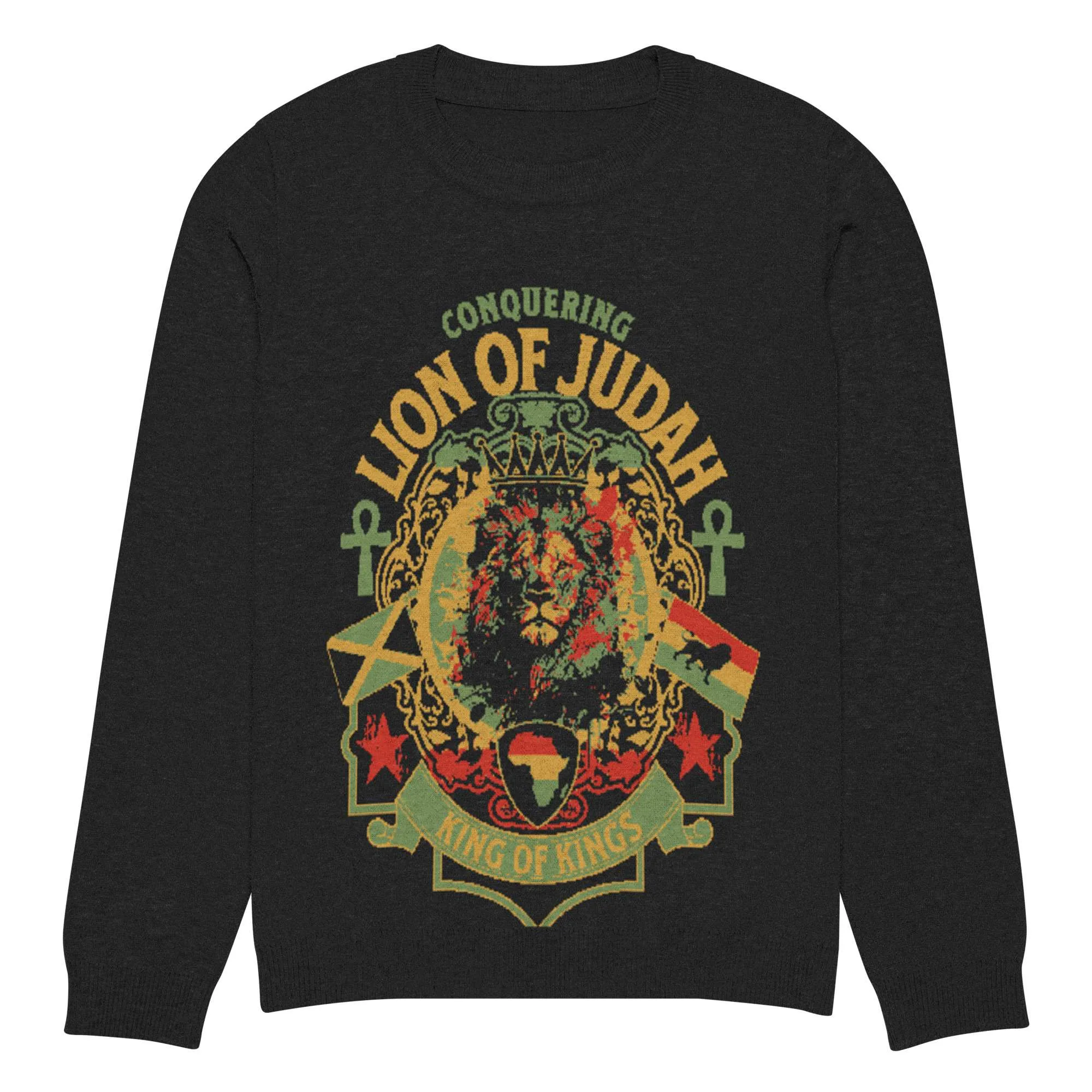 Conquering Lion of Judah Sweater soft 55% cotton and polyester crew neck knit 3XL front. Reggae Rastafarian and Jamaican knitwear, sweaters and pullovers.
