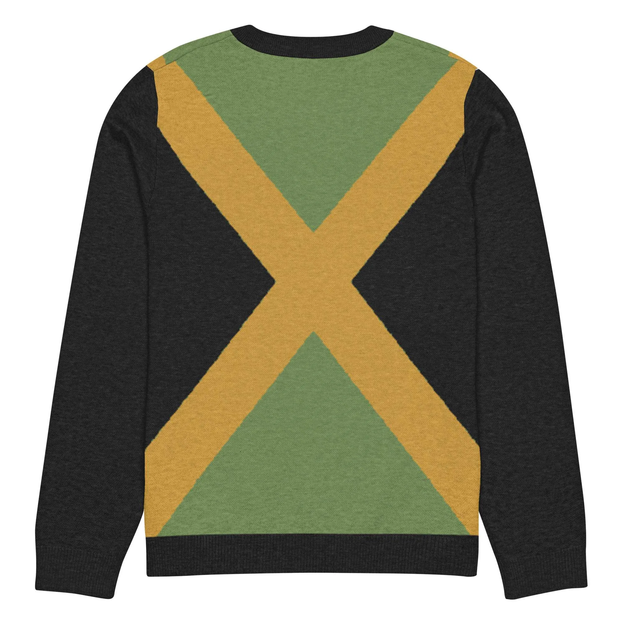 Jamaica sweater soft knit pullover 3xs back with Jamaican crest Out of Many One People and black trim. Rastaseed brand of Original clothing and accessories.