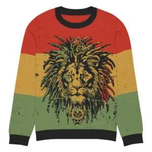 Rasta sweater in red gold green and black featuring the Lion of Judah. Soft knit made from 55% cotton. Rastaseed Reggae and Rasta jumpers and knits.