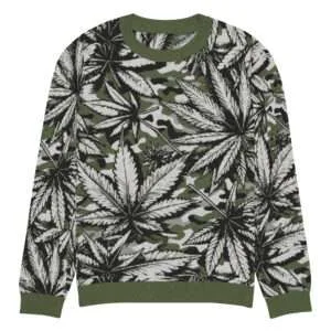 Hemp Pullover front view Knitted crew neck sweater in hemp camoflage design in stylish color palette. Soft knit cotton blend jumper at Rastaseed clothing and merch.