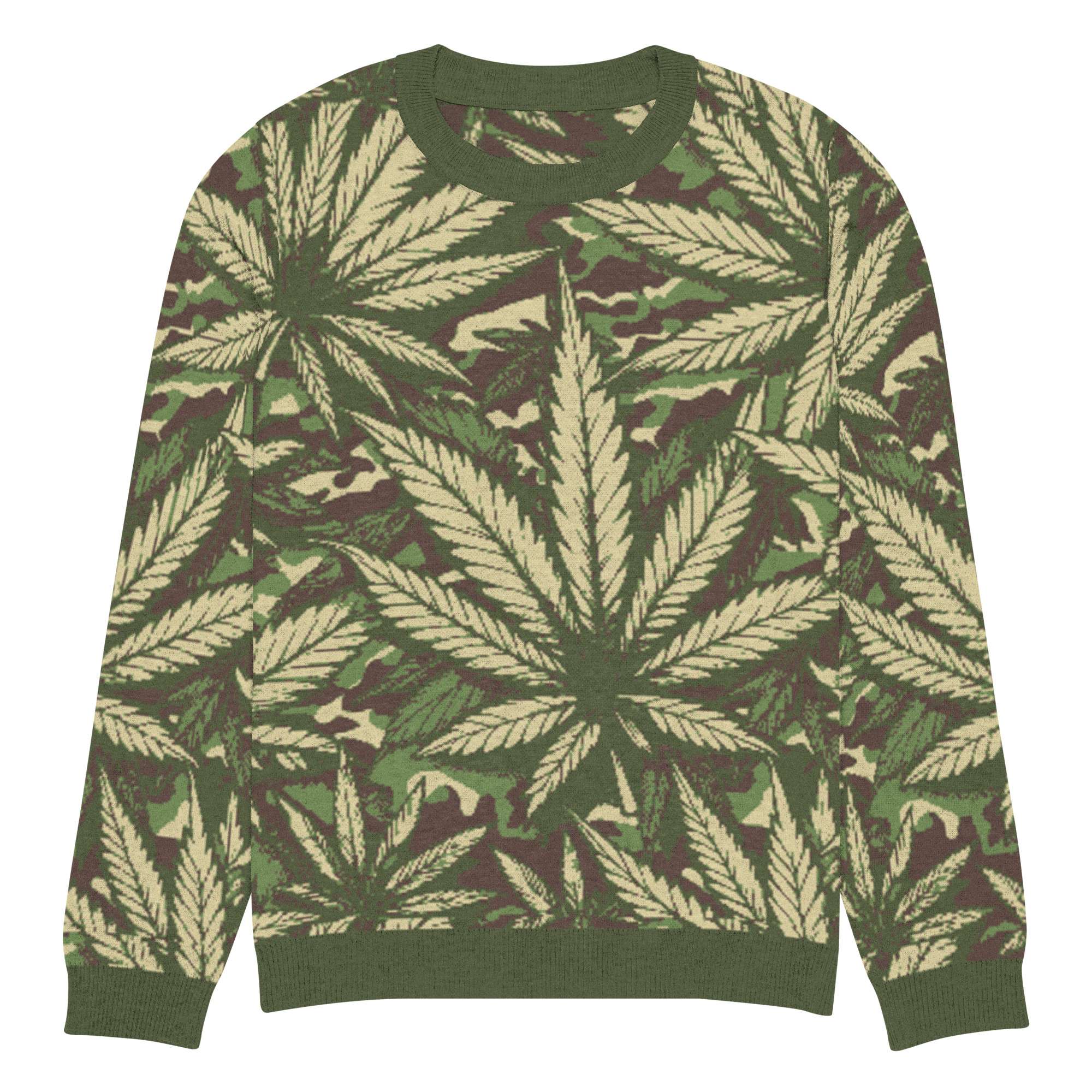 Rasta Hemp Leaf Camouflage Knit Sweater front view 3xs soft and comfortable. Step out style anytime in this exclusive Rastaseed Brand designer jumper.