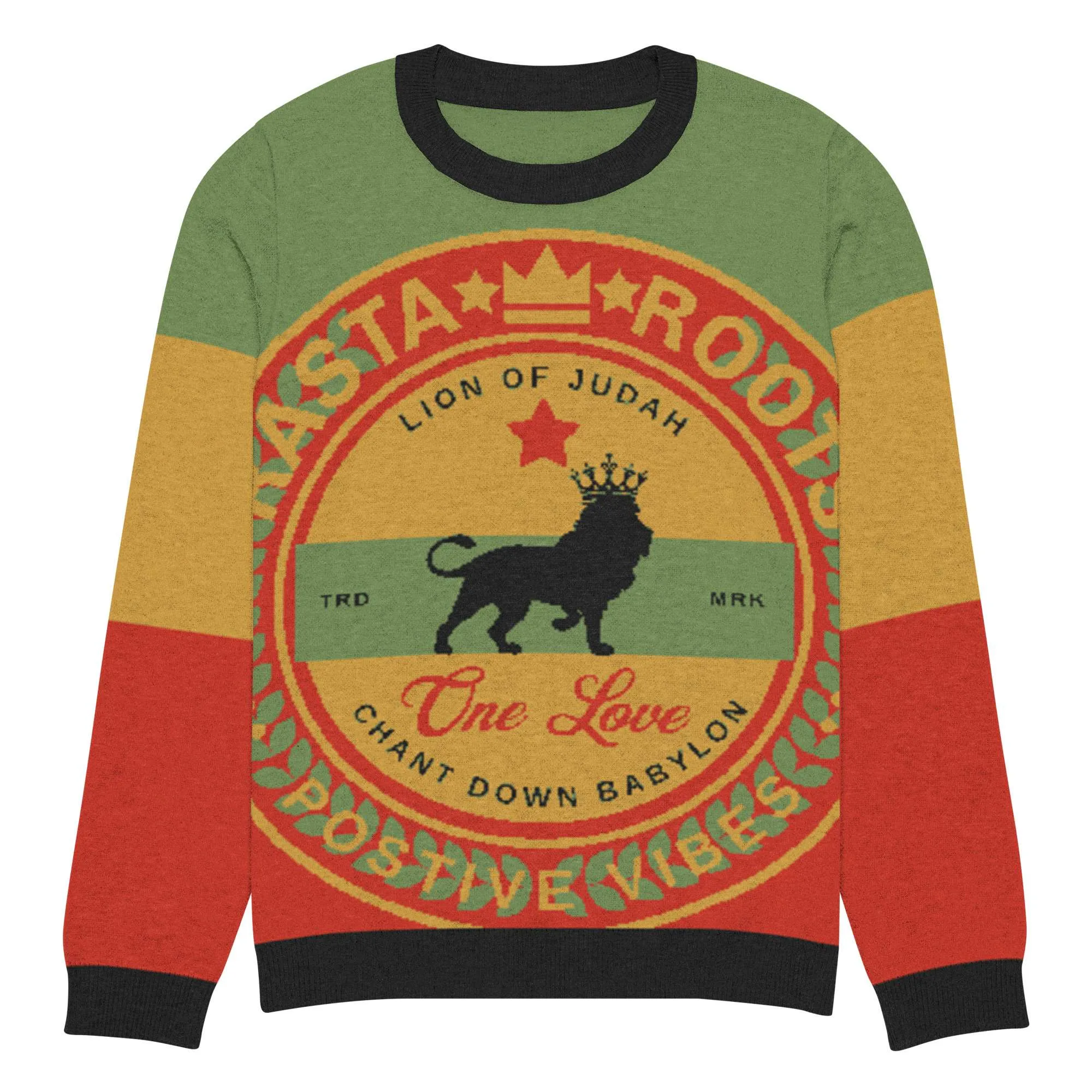 Rasta Pullover soft knitted crew neck in Rastafarian colors front view 3XS. Lion of Judah and One Love at Rastaseed Brand Reggae Clothing.
