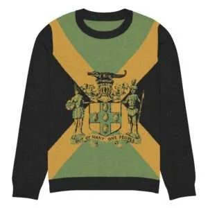 Jamaica sweater soft knit pullover 3xs front with Jamaican crest Out of Many One People and black trim. Rastaseed brand of Original clothing and accessories.