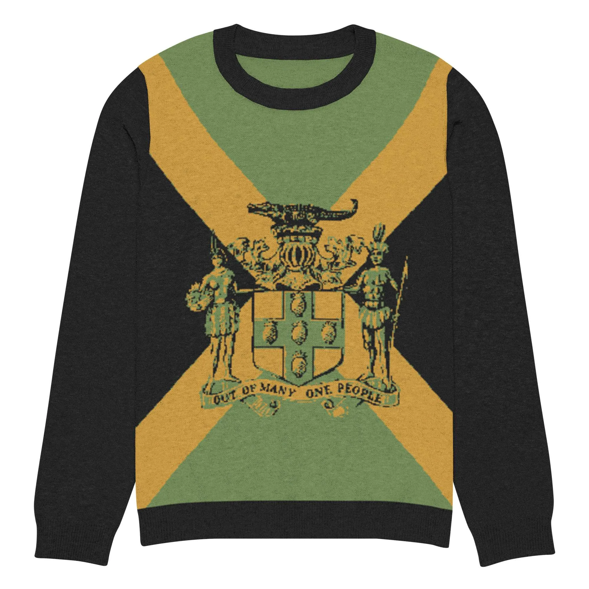 Jamaica sweater soft knit pullover 3xs front with Jamaican crest Out of Many One People and black trim. Rastaseed brand of Original clothing and accessories.