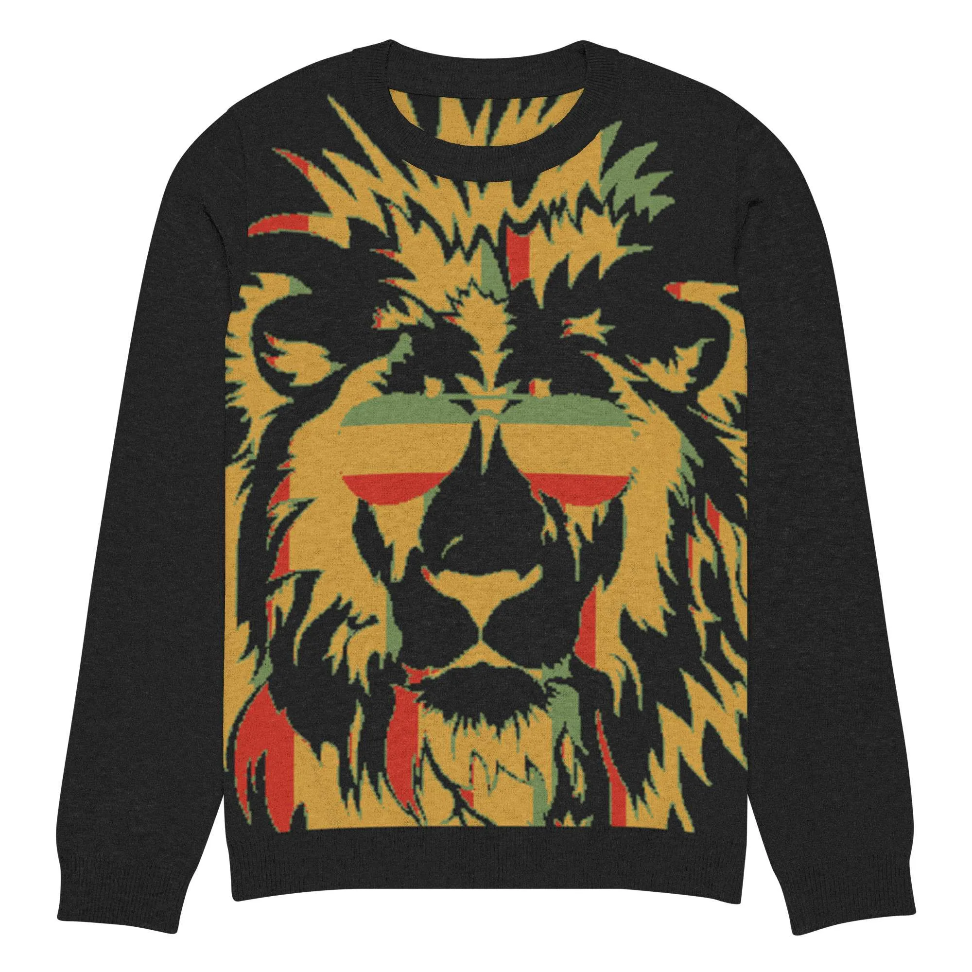 Rasta Cool Lion Sweater 3xs front in red gold and green with black base color. Rasta Seed original Rastafarian merchandise and clothing.